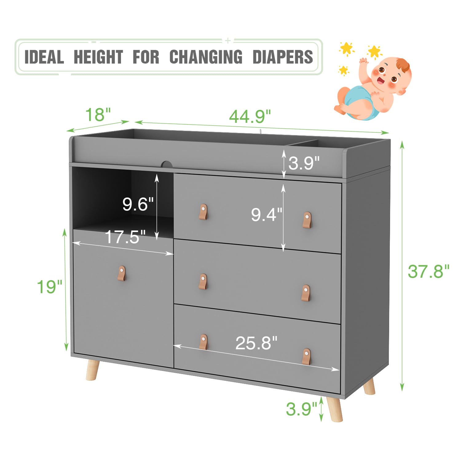 Baby Changing Table with Drawers & Shelves - Nursery Dresser with Hidden Trash Storage, Diaper Changing Station for Infants - Perfect for Daycare, Bedroom & Nursery Organization (Grey)