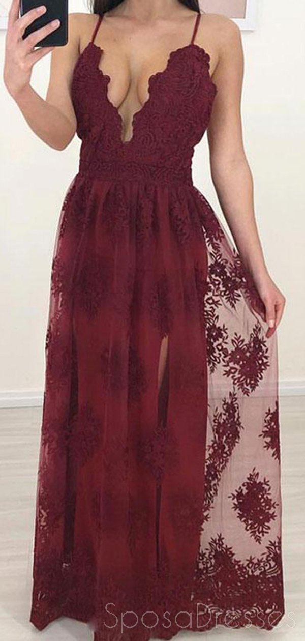 Elegant Maroon Long Evening Prom Dress with Side Slit & Lace Detail - Custom Sweet 16 Dresses for Formal Events, Homecoming & Special Occasions