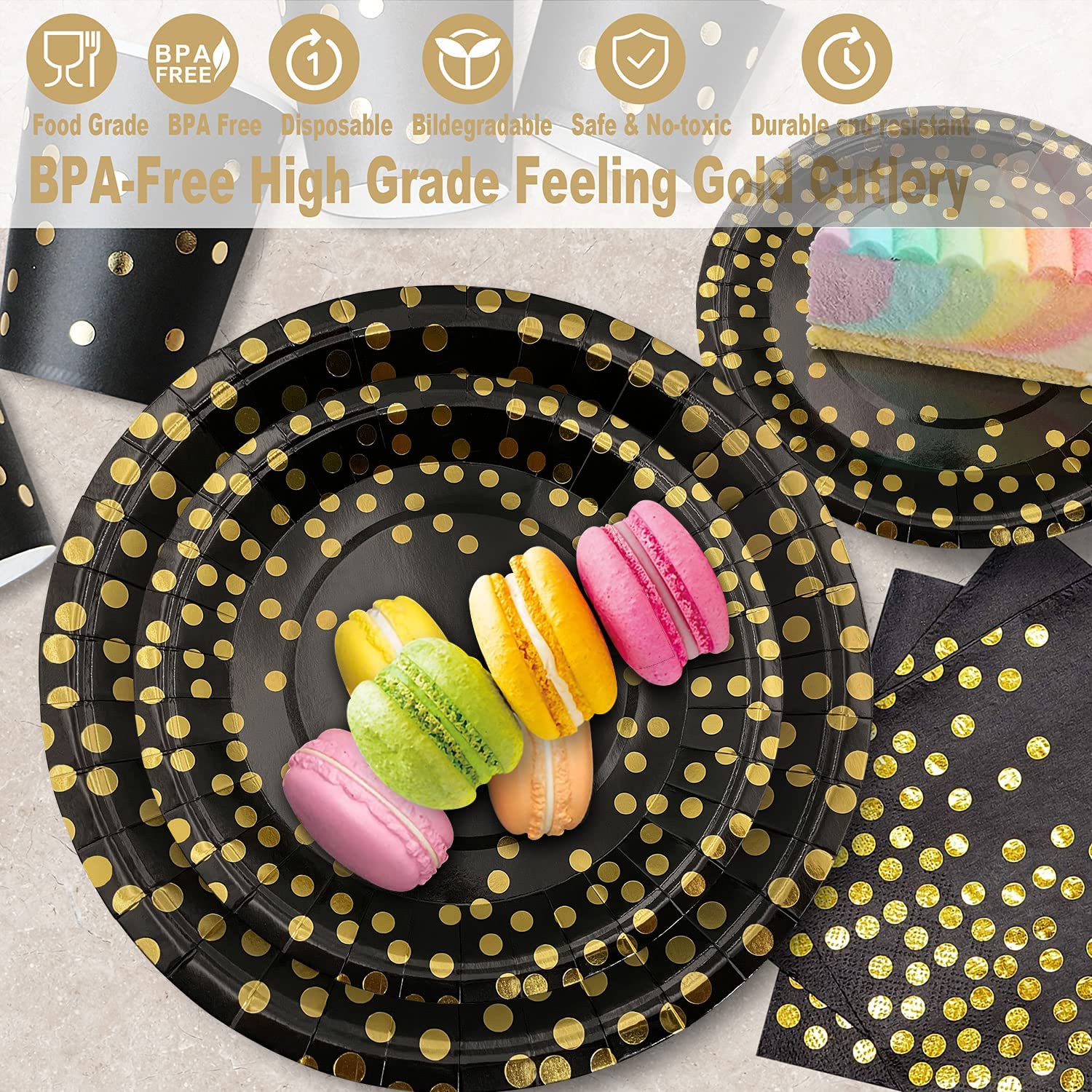 350-Piece Black and Gold Party Supplies Set - Disposable Dinnerware for 50 Guests - Gold Plastic Forks, Knives, Spoons & Golden Dot Paper Plates with Black Napkins & Cups - Perfect for New Year's, Graduation, Birthday & Wedding Celebrations - Elegant Table Setting for Special Occasions