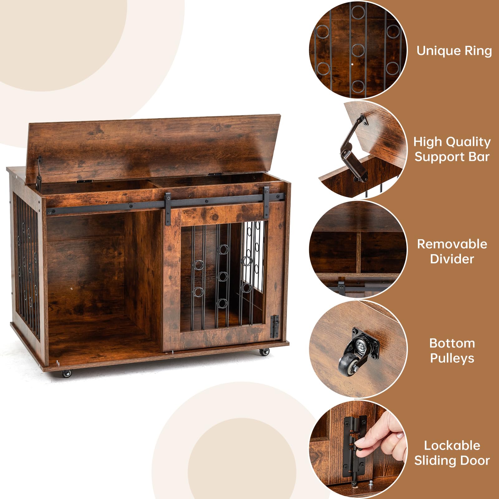 GARVEE 39 Inch Wooden Double Dog Crate with Removable Divider & Barn Door Style - Indoor Pet Kennel for Large Dogs, Perfect for Home, Office, or Travel Use