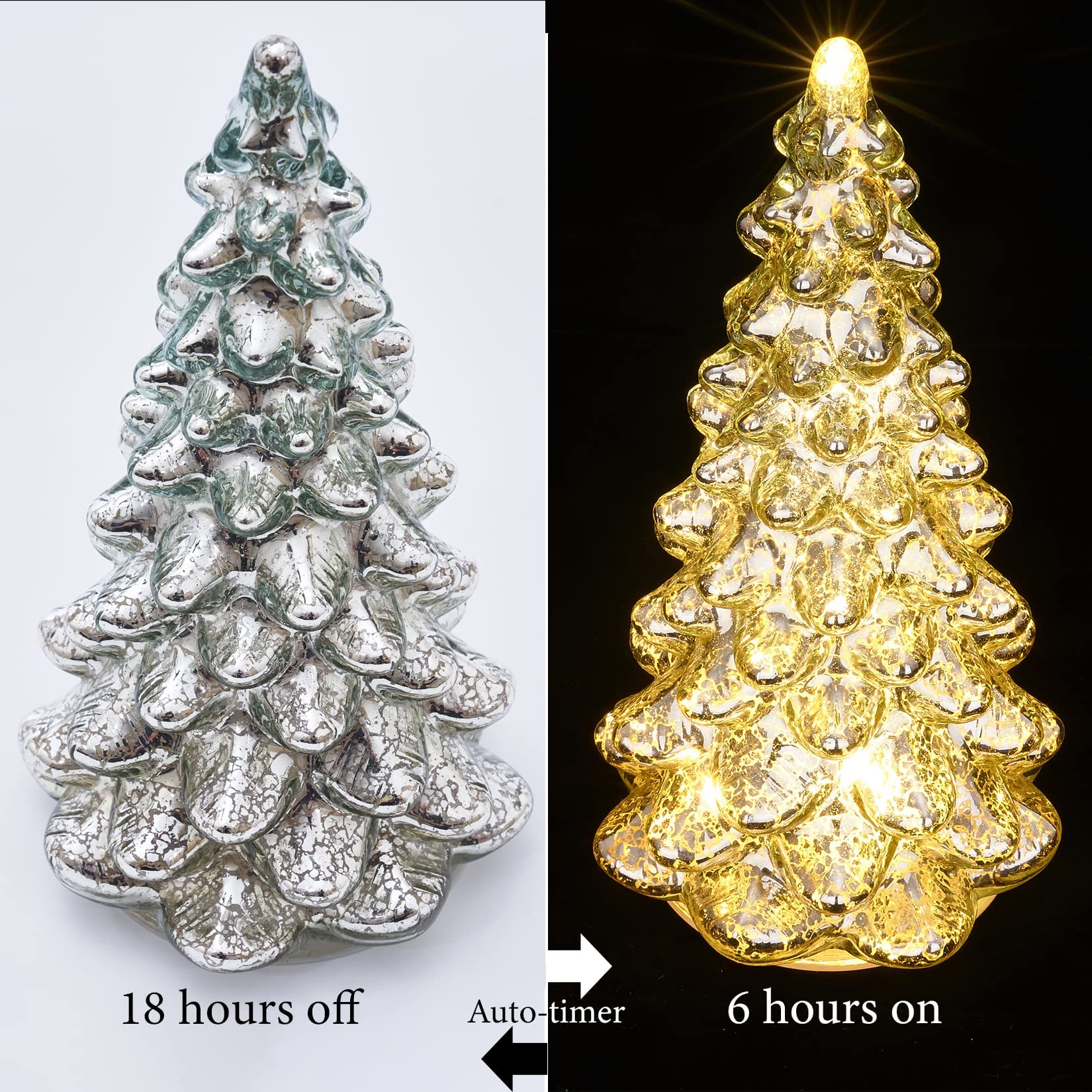 Mercury Glass Tabletop Christmas Tree - Small Silver Xmas Tree with Timer & Lights for Table Centerpiece, Mantel, Window Decor | Holiday Home Decor