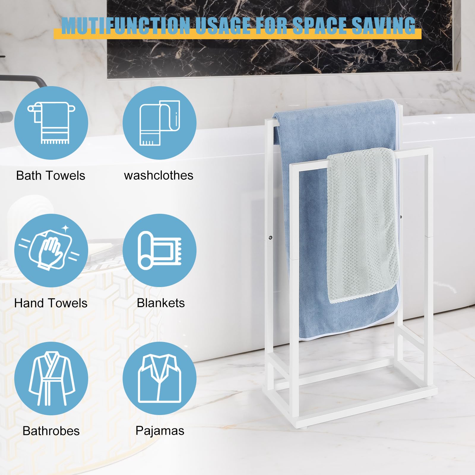 2-Tier Stainless Steel Towel Rack Stand for Bathroom - Space Saving Towel Holder & Blanket Drying Rack (White) - Perfect for Bathrooms, Kitchens, and Laundry Rooms