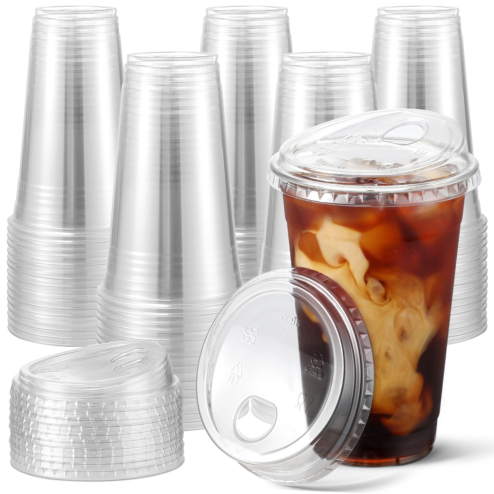 AOZITA 24 oz. Crystal Clear Plastic Cups - 100 Sets BPA-Free Disposable Cups with Strawless Lids for Iced Coffee, Smoothies, Bubble Tea, Cold Drinks | Perfect for Parties, Picnics, Office Use & Takeout Beverages