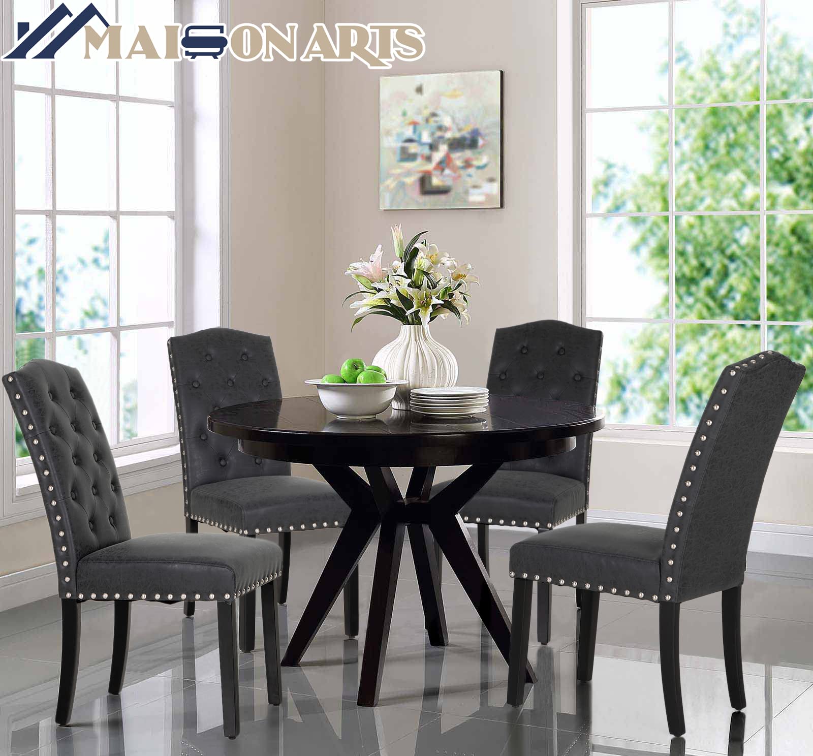 Premium Faux Leather Dining Chairs Set of 6 - Modern Upholstered Tufted Kitchen Chairs with Nailhead Trim & Solid Wood Legs - Elegant Parsons Chairs for Dining Room, Restaurant or Home Decor (Black)