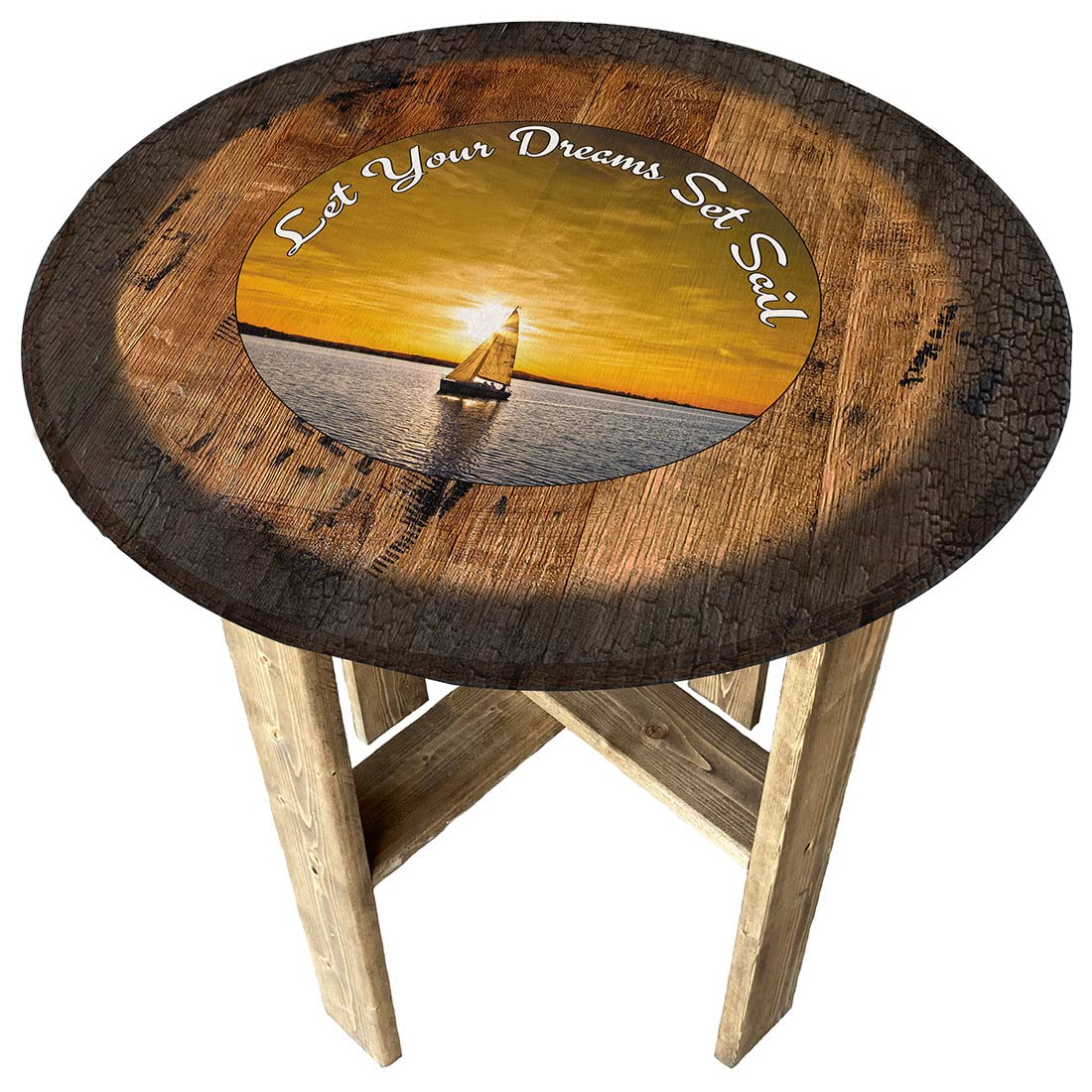 Rustic Whiskey Barrel End Table - Farmhouse Pub Decor, Boat & Sunset Design - Perfect for Living Room, Man Cave, or Outdoor Patio