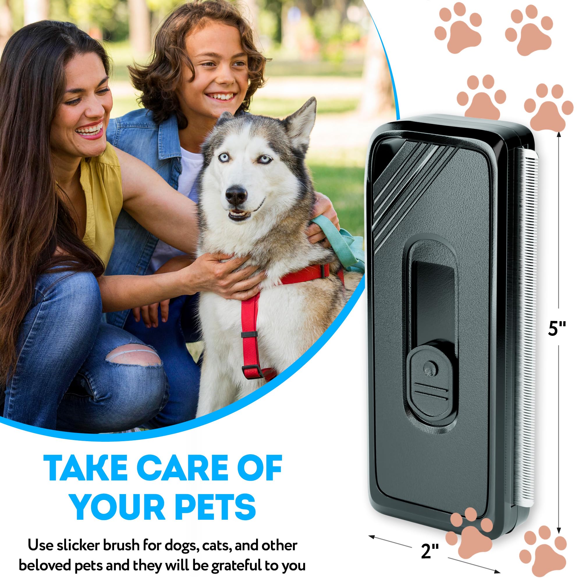 Self Cleaning Slicker Brush for Dogs & Cats - Black Pet Grooming Brush with Release Button & Sturdy Case - Ideal for Long & Short Haired Pets to Reduce Shedding - Perfect for Home Grooming & Professional Pet Care