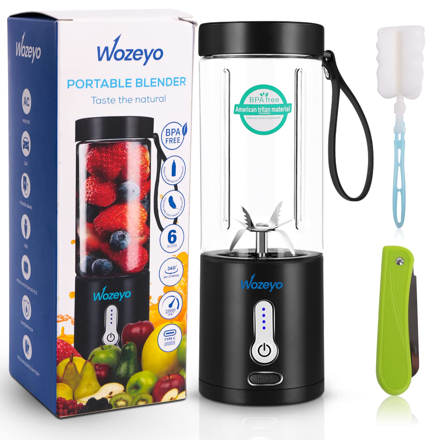 Wozeyo 530ml Portable Blender for Shakes, Smoothies & Juices - 4000mAh Rechargeable Handheld Mini Blender with Fruit Knife - Perfect for Home, Office, Gym & Travel - Black