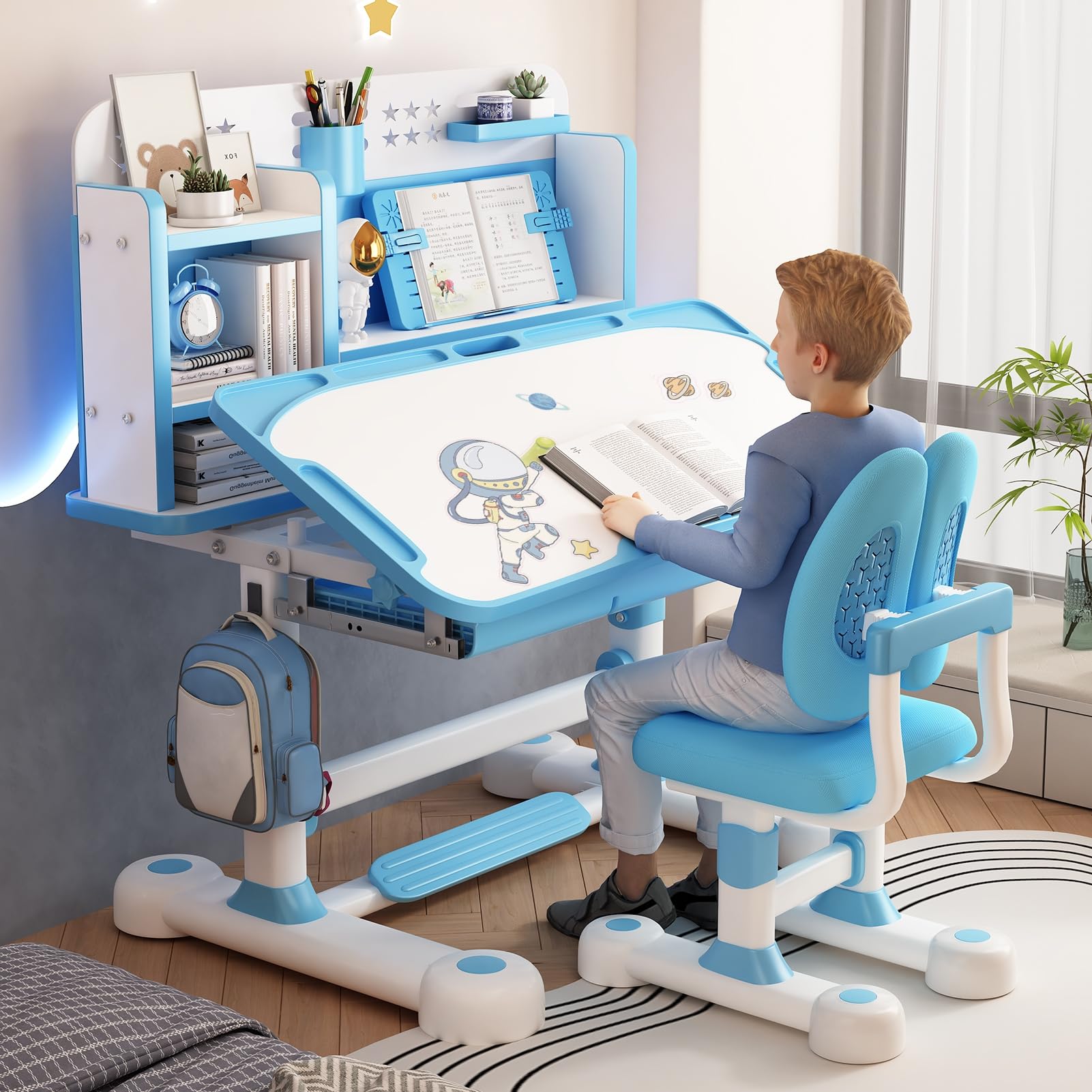 Adjustable Kids Desk and Chair Set - Ergonomic Study Table with Book Stand & Foot Pedal for Children - Blue Height-Adjustable Student Desk for Home Schooling, Online Learning & Homework Station