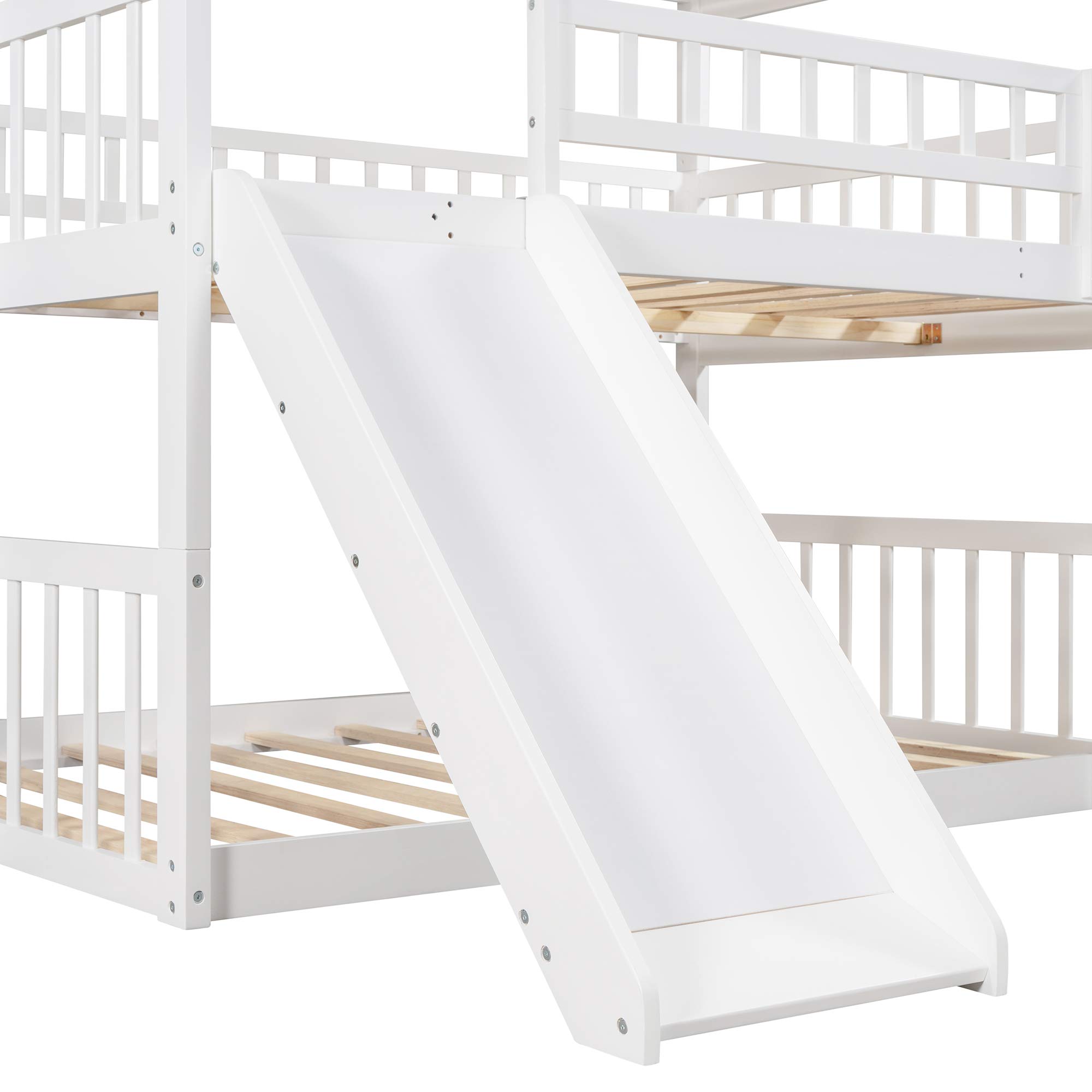 Harper & Bright Designs White Triple Bunk Beds with Slide - Full Over Full Over Full Wooden Bunk Bed Frame with Built-in Ladder - Space Saving Kids, Teens & Adults Bedroom Furniture for Small Rooms, Vacation Homes & Shared Bedrooms
