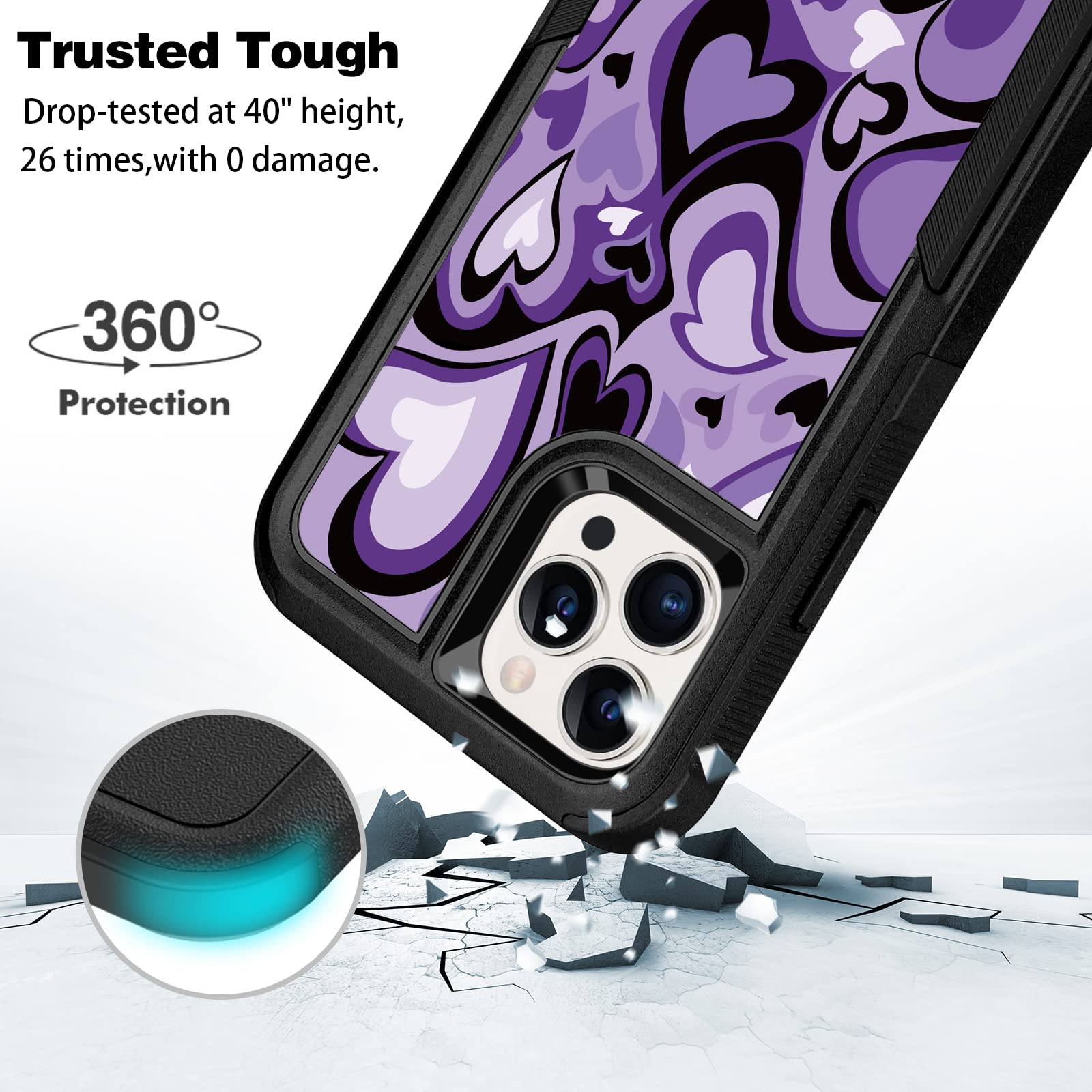Rugged Shockproof Protective Case for iPhone 13 Pro Max 6.7 Inch - Heavy Duty Slim Lightweight Cover with Purple Heart Pattern, Perfect for Women & Girls - Ideal for Outdoor Activities, Work & Daily Use