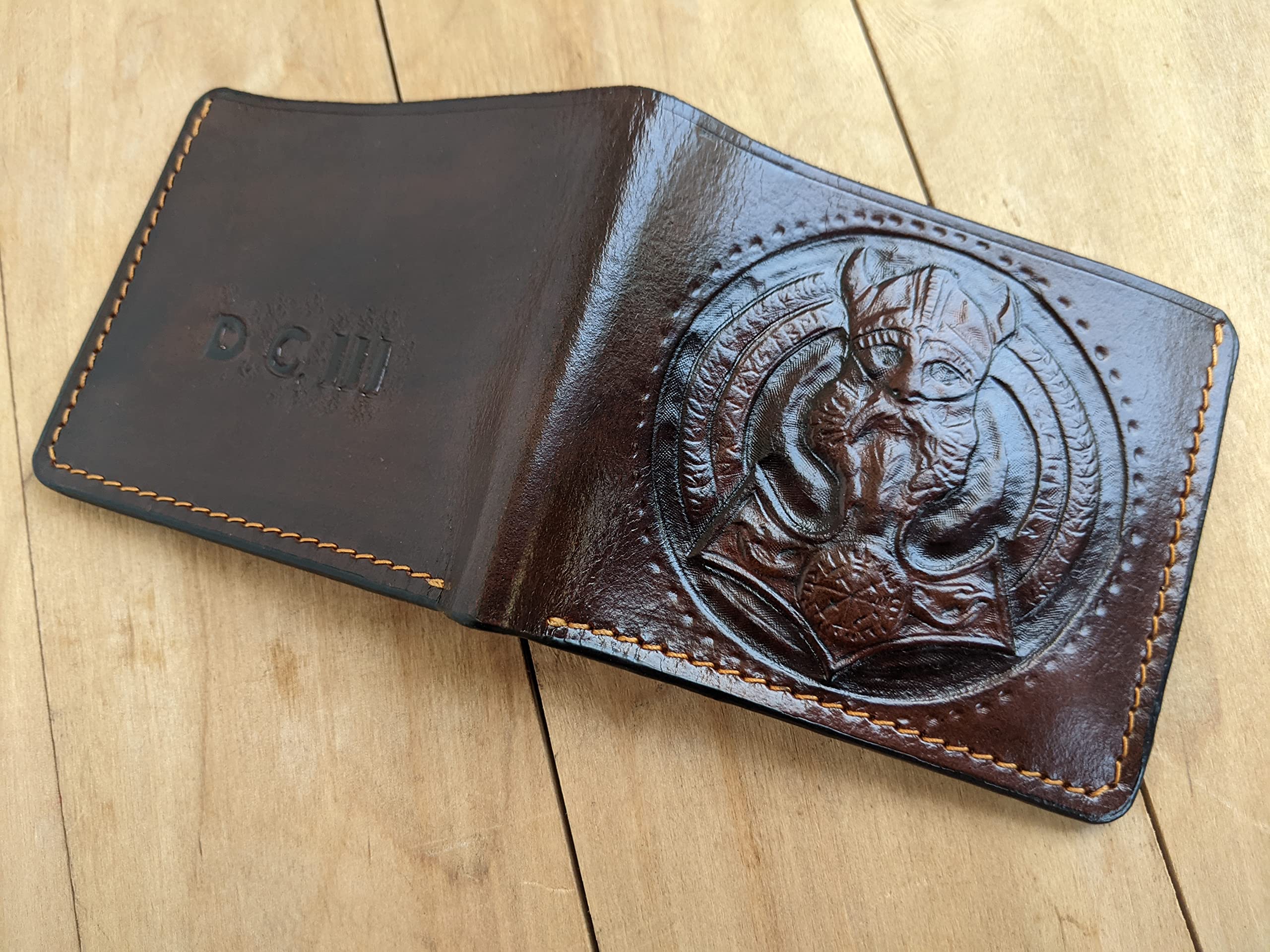 Thor Hammer Viking Men's 3D Genuine Leather Bifold Wallet - Handmade Odin Mjolnir Carved Tooled Airbrush Art Custom Personalized Wallet for Everyday Use & Gift Giving