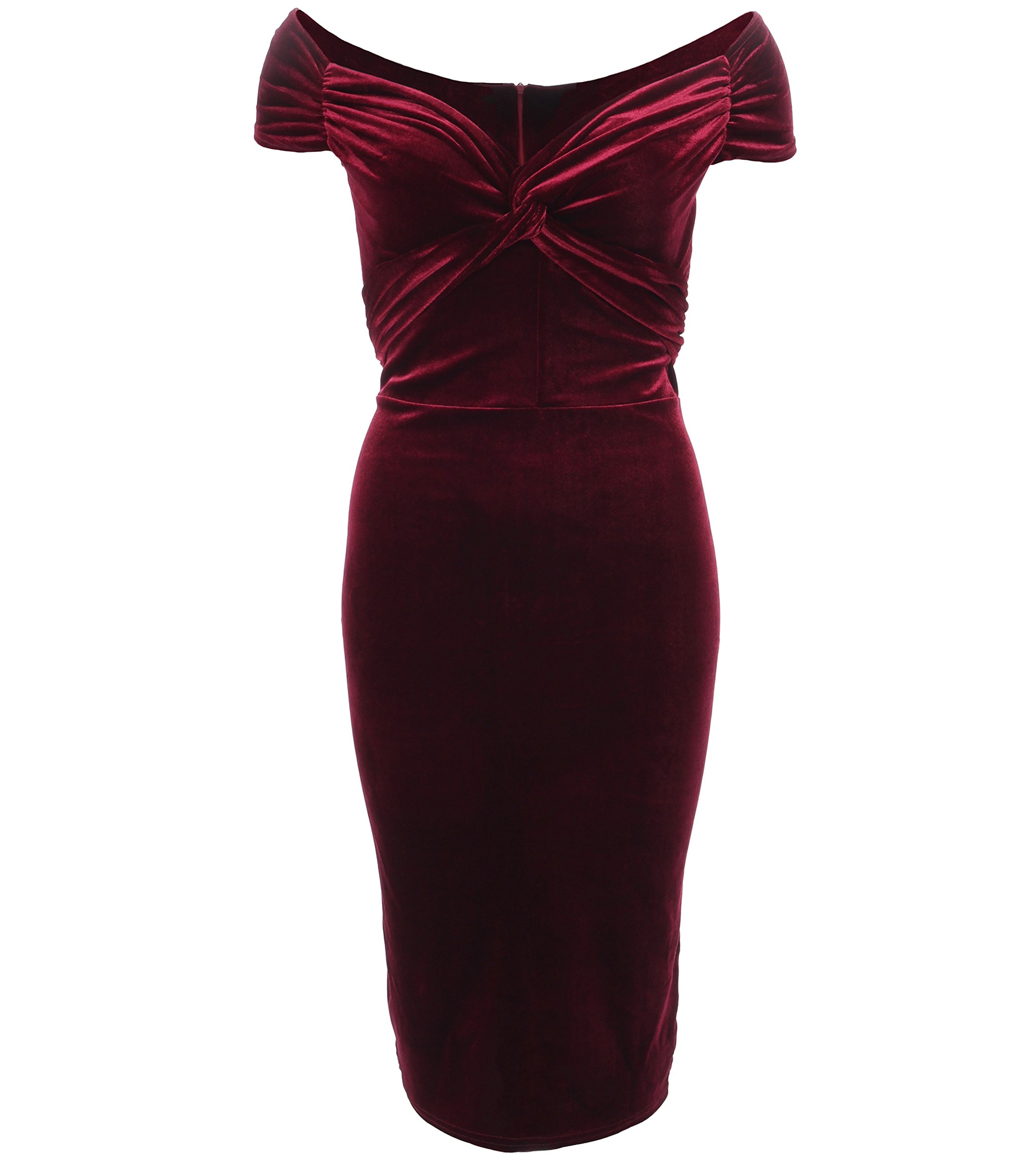 Women's Velour Velvet Bardot Off Shoulder Knee Length Pencil Dress for Cocktail Party, Date Night & Formal Occasions