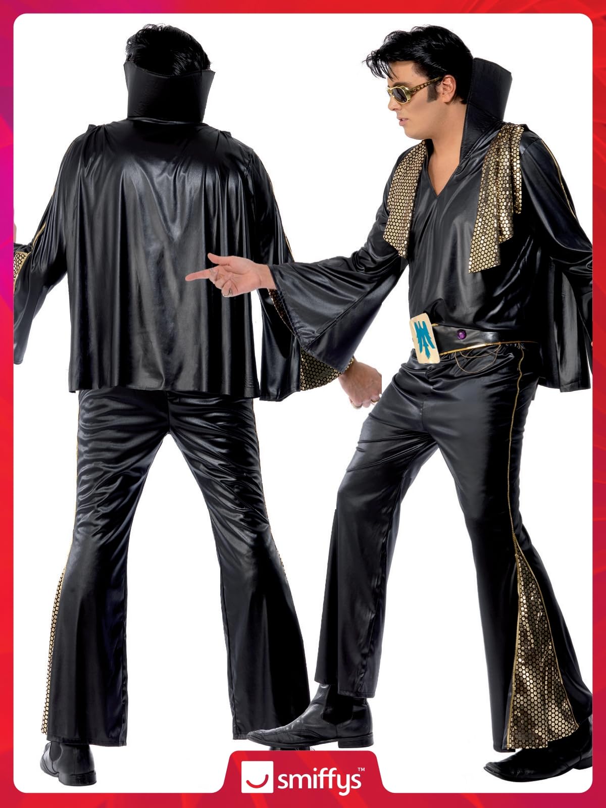 Smiffys Official Elvis Presley Costume for Adults - Black & Gold Shirt, Flared Pants, Cape & Belt Set | Licensed Music-Themed Fancy Dress Outfit for Halloween, Cosplay & Theme Parties