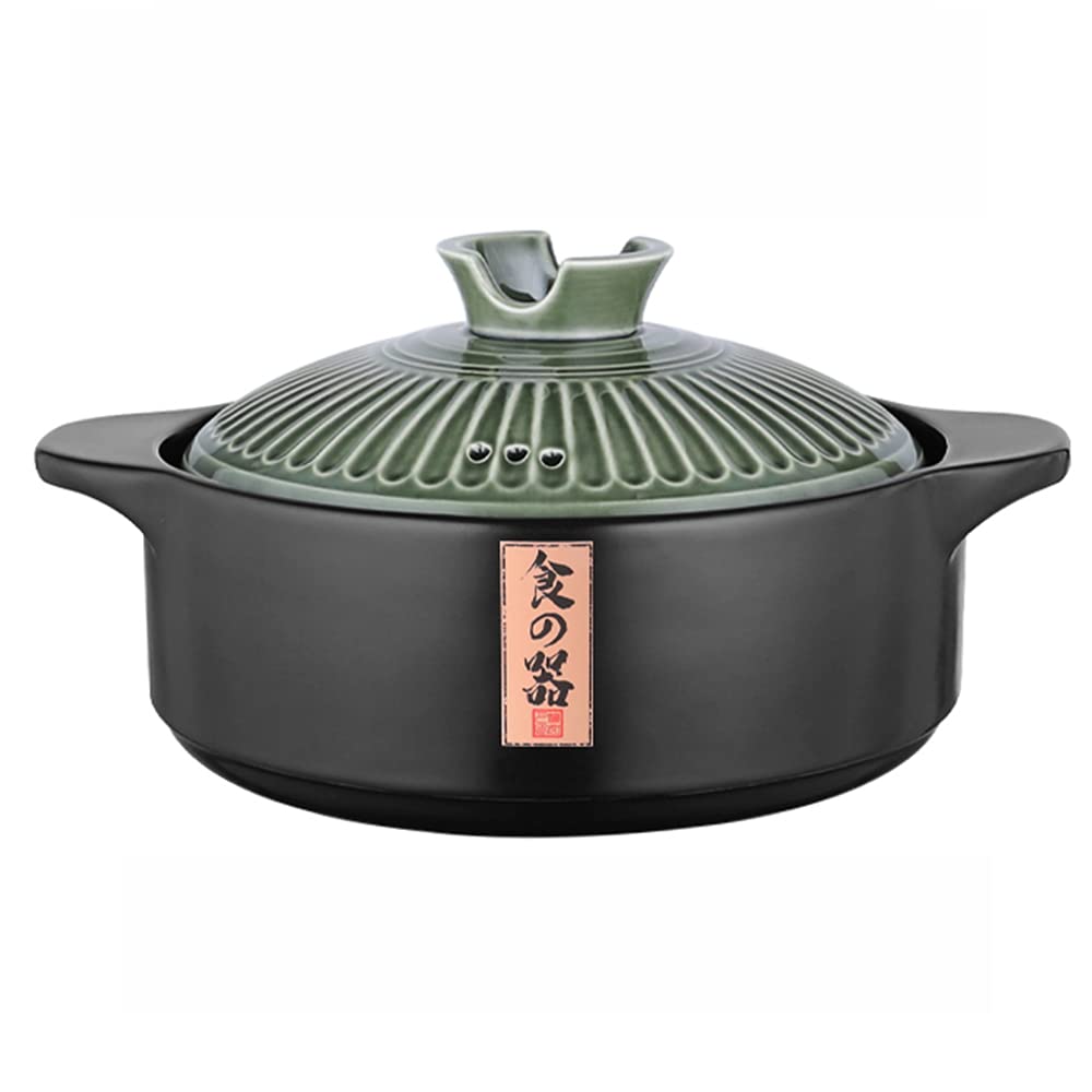 Japanese Donabe Clay Pot - 3.2L Thickened Earthenware Hot Pot for Open Flame Cooking - Black & Green Ceramic Casserole for Stir-Frying, Stewing, and Simmering - Perfect for Japanese Hot Pot, Sukiyaki, and Home Cooking