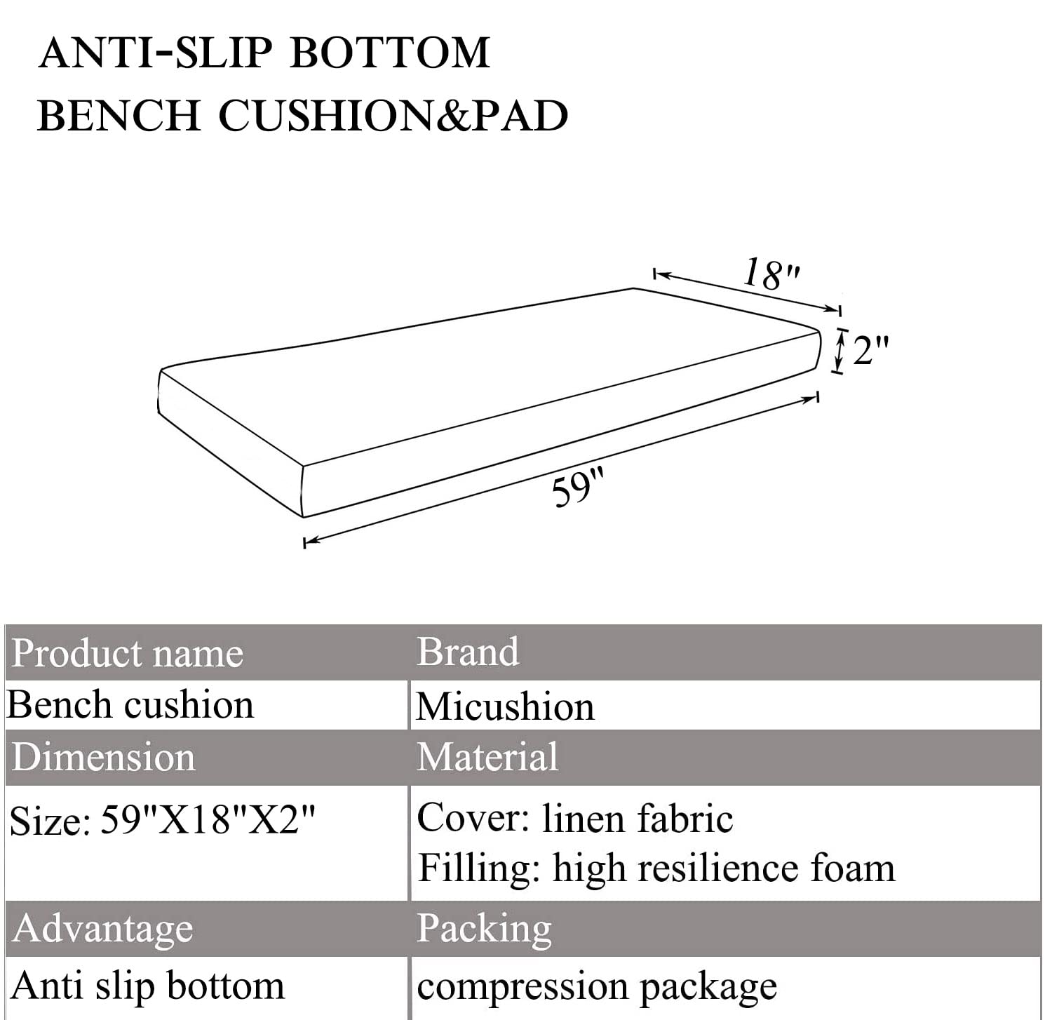 Non-Slip Bench Cushion for Kitchen, Dining Chairs & Bay Window Seats - 59