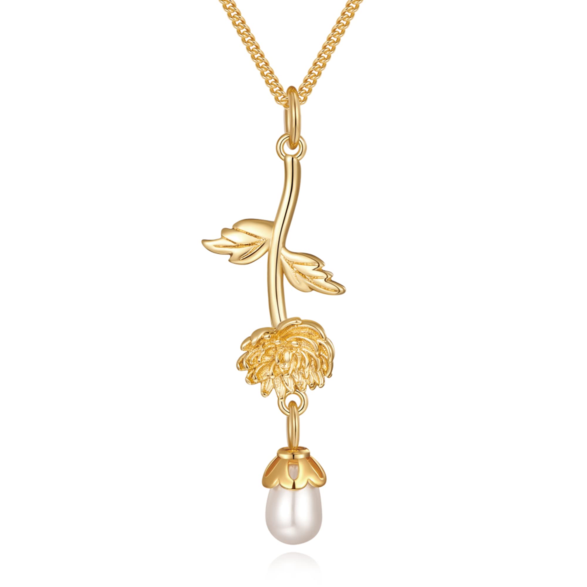 14K Gold Floral Pearl Necklace for Women - Birthday Gift Jewelry