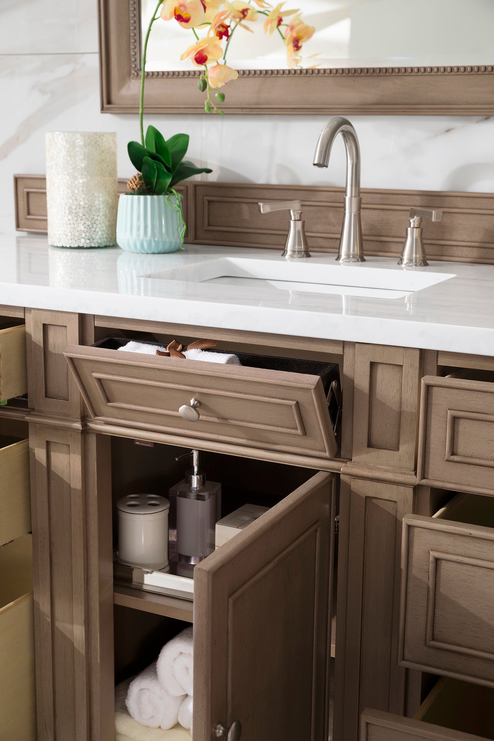 Bristol 60 Inch Single Bathroom Vanity with Whitewashed Walnut Finish and 3CM Arctic Fall Solid Surface Top - Perfect for Modern Home, Master Bathroom & Powder Room Renovations