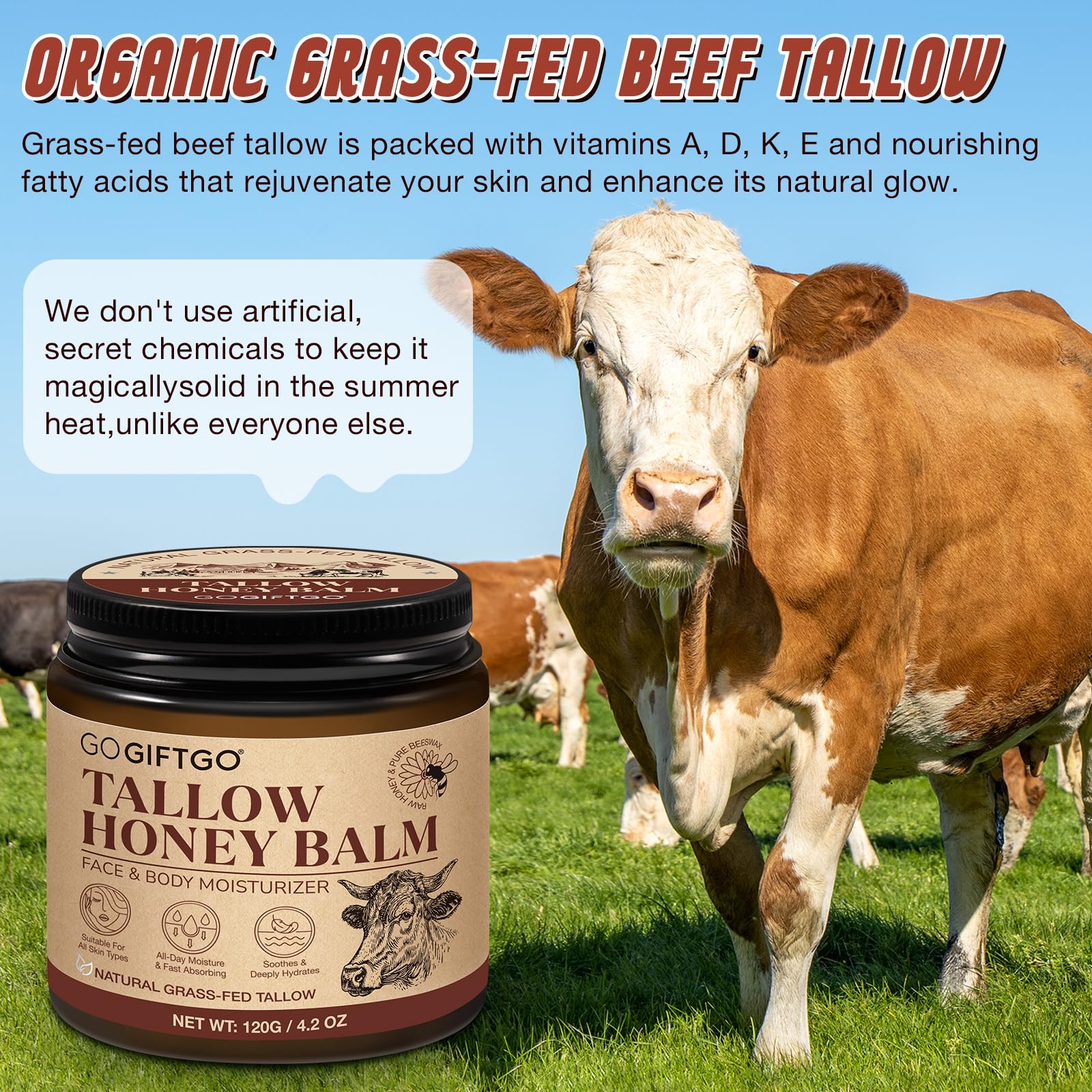 Grass Fed Beef Tallow Balm - Natural Skin Moisturizer for Face & Body Care