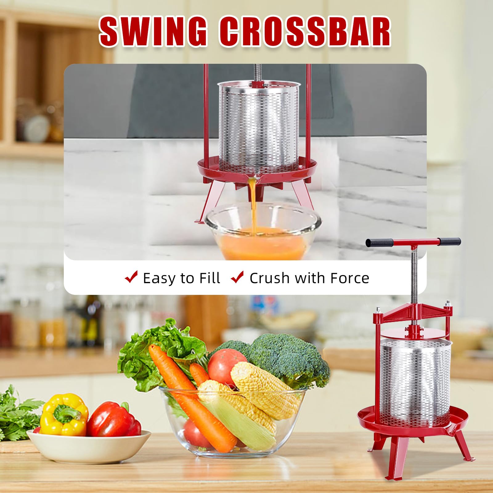 3.69 Gallon Stainless Steel Fruit Wine Press - Heavy Duty Manual Cider Press with T-Handle & Stable Tripod Base - Perfect for Home Brewing, Apple Cider Making, Grape Crushing - Great for Kitchen, Outdoor, Winemaking & DIY Beverage Production