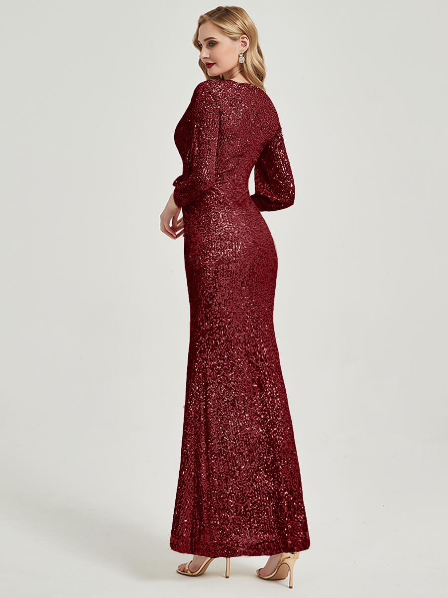Elegant Burgundy Sequin V-Neck Long Sleeve Mermaid Evening Gown - Perfect for Prom, Wedding Guest & Formal Events