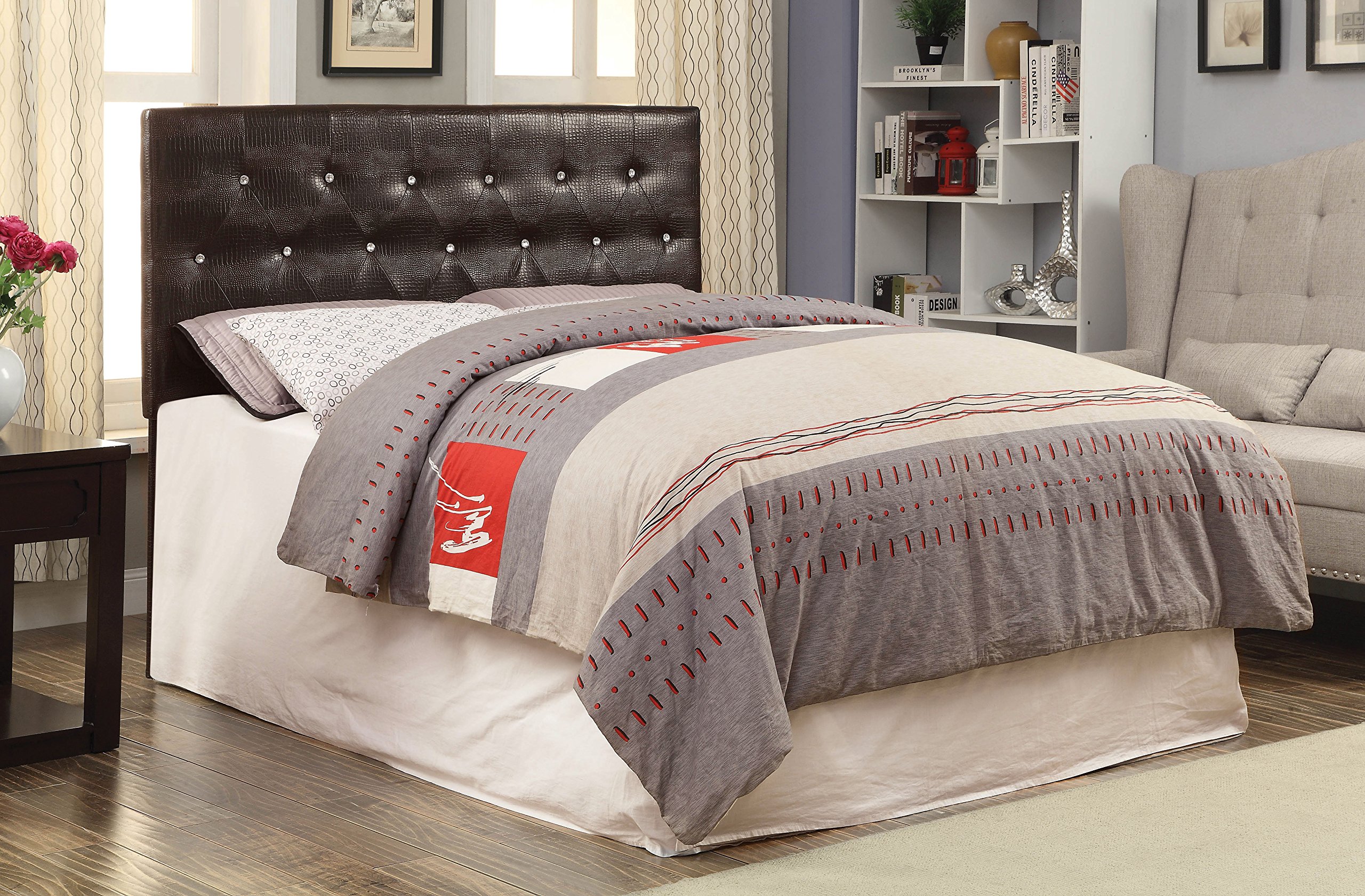 Furniture of America Nile I Faux Crocodile Skin Adjustable Headboard - Full/Queen Size, Brown Leather Upholstered Bed Frame - Perfect for Modern Bedroom Decor & Luxury Master Suite Upgrade