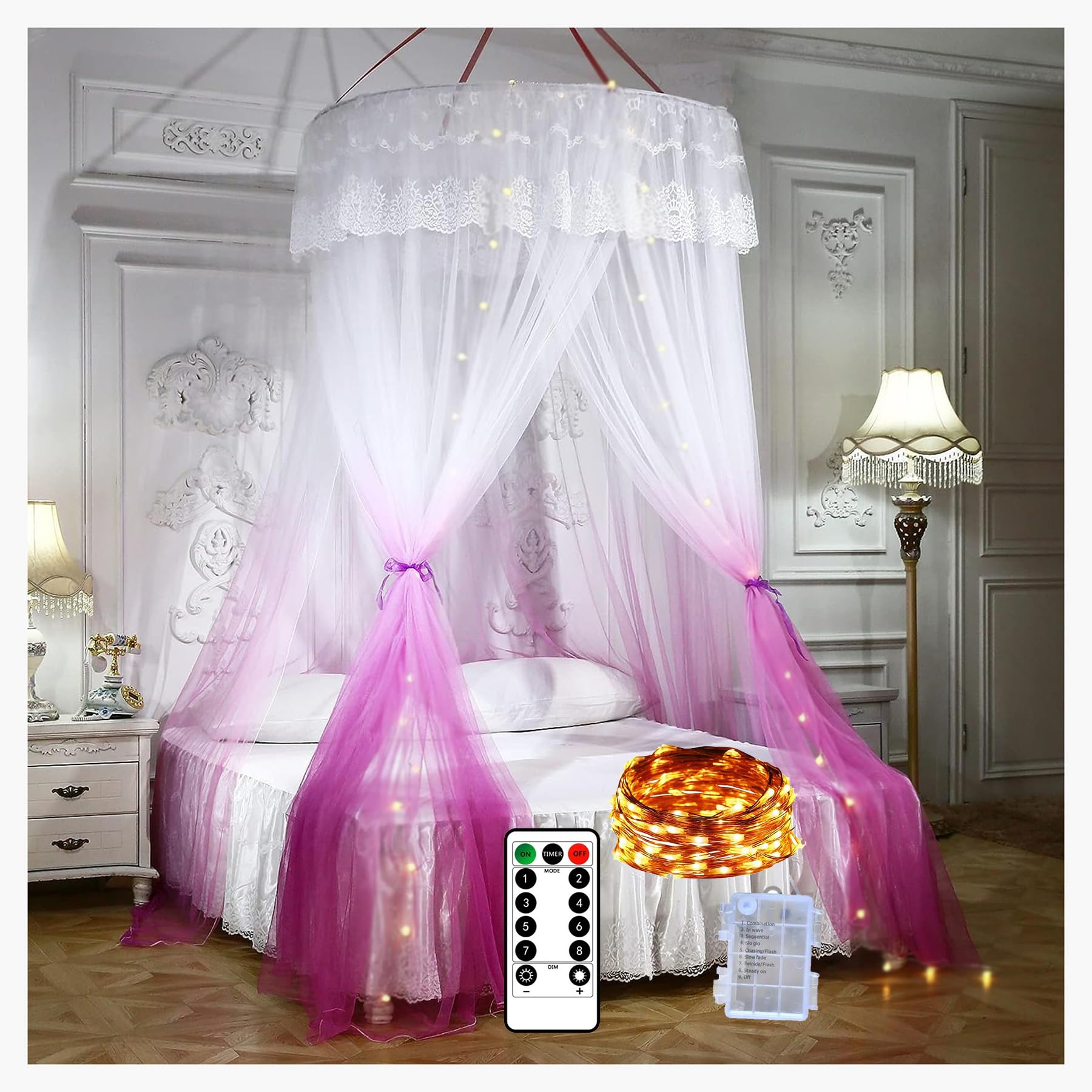 Elegant Mosquito Net Bed Canopy with LED Lights - Round Dome Bed Curtain for Bedroom Decor (Red) | Romantic Bedroom Accent for Master Bedroom, Guest Room & Nursery