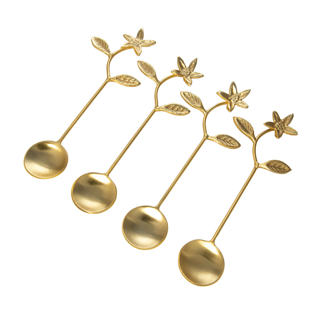 Premium 4-Piece Stainless Steel & Brass Flower Handle Spoon Set - Elegant Tea & Coffee Serving Utensils for Home & Restaurant Use
