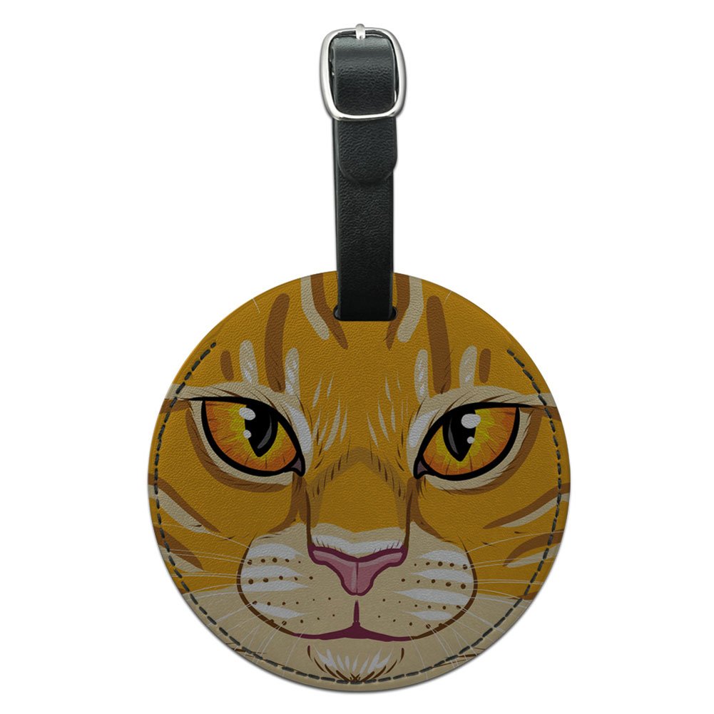 Orange Tabby Cat Face Leather Luggage Tag - Round Pet Kitty ID Tag for Suitcases & Carry-On Bags (Black) - Perfect for Travel, Vacation & Airport Identification