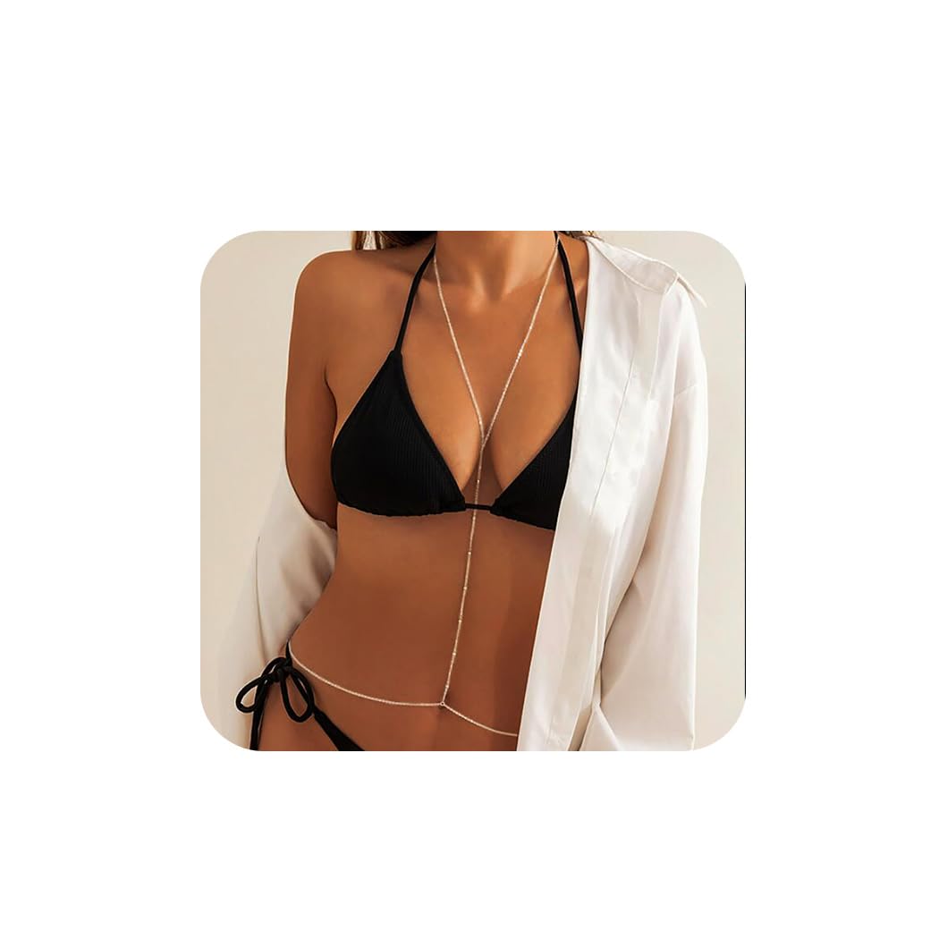 Sexy Silver Body Chain Jewelry for Women - Crossover Thin Bra Bikini Waist Belly Chain - Perfect for Beach Parties, Music Festivals & Romantic Date Nights