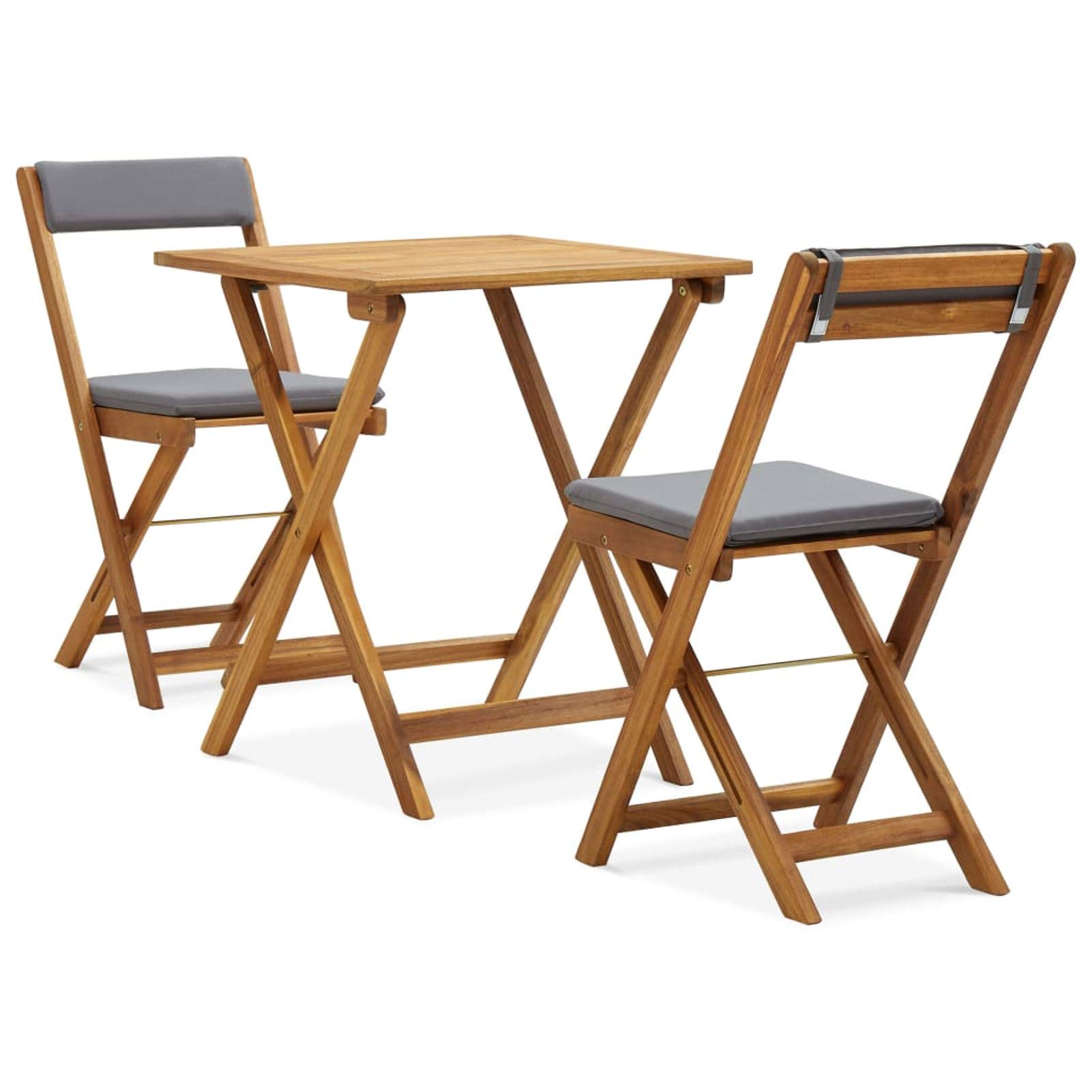 Tidyard 3-Piece Acacia Wood Folding Bistro Set with Gray Cushions - Wooden Folding Table & 2 Chairs for Outdoor Dining - Space Saving Patio Furniture for Garden, Backyard, Terrace, Balcony & Small Spaces