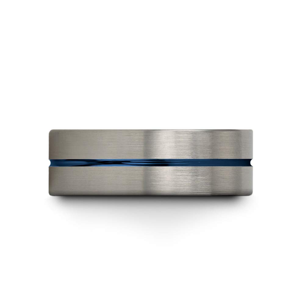 Tungsten Carbide Wedding Band Ring 8mm for Men & Women - Blue Black Center Line, Flat Cut, Brushed & Polished - Custom Engraved Anniversary & Engagement Ring - Perfect for Weddings, Proposals & Special Occasions