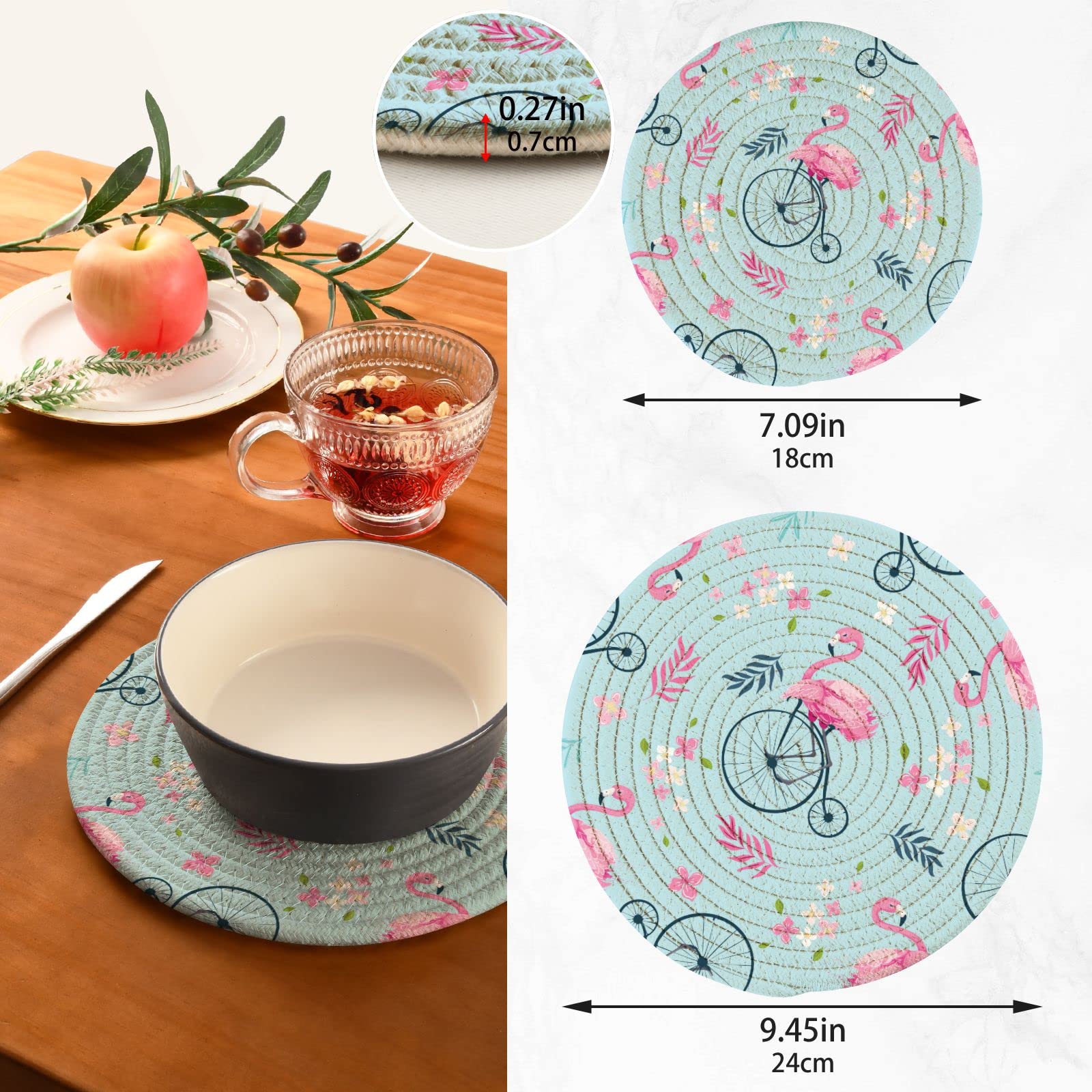 Flamingo Flower Bike Trivets Set of 2 - Heat Resistant Hot Pads for Pots & Pans - Perfect for Farmhouse Kitchen Decor