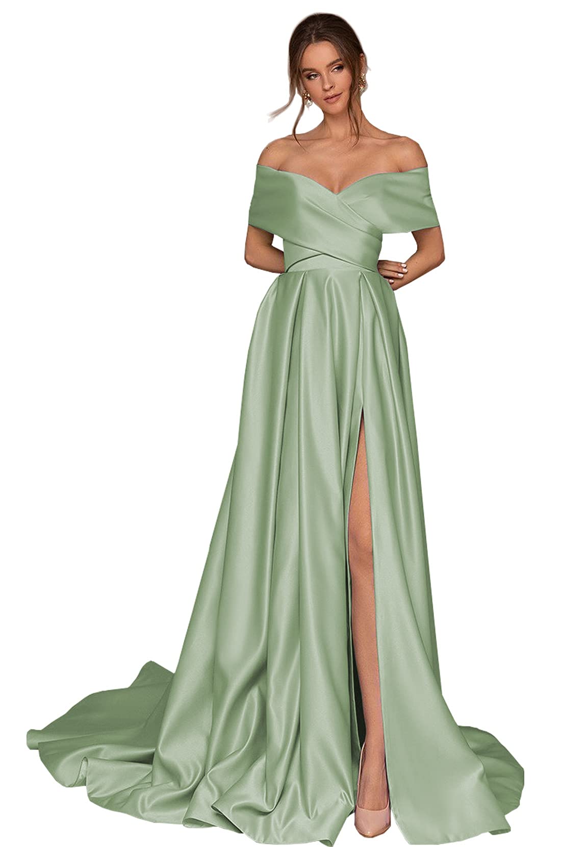 BONOYUER Women's Off Shoulder Satin Prom Dress Long High Slit A-Line Formal Evening Gown with Pockets - Perfect for Homecoming, Wedding Guest & Cocktail Party