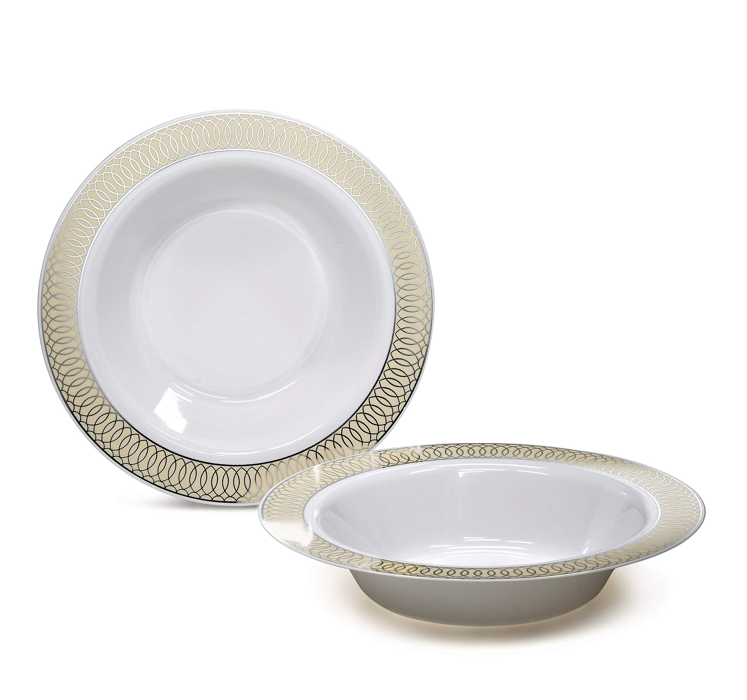 60-Piece Disposable Plastic Plates & Bowls Set - 12oz Wedding Party Soup Bowls in White, Ivory & Silver | Perfect for Weddings, Birthdays, Catering & Events