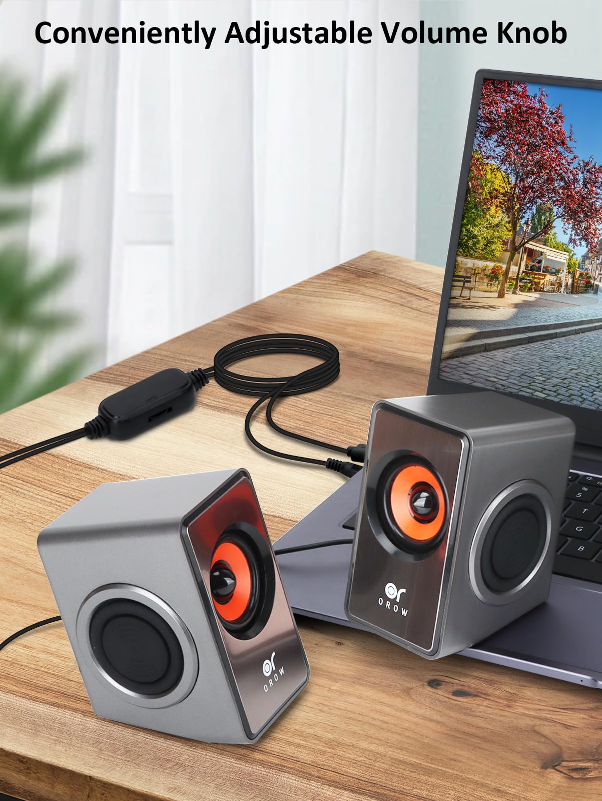 OROW USB Powered Computer Speakers with Volume Control - Silver | Compact Desktop & Laptop PC Speakers for Home Office & Gaming