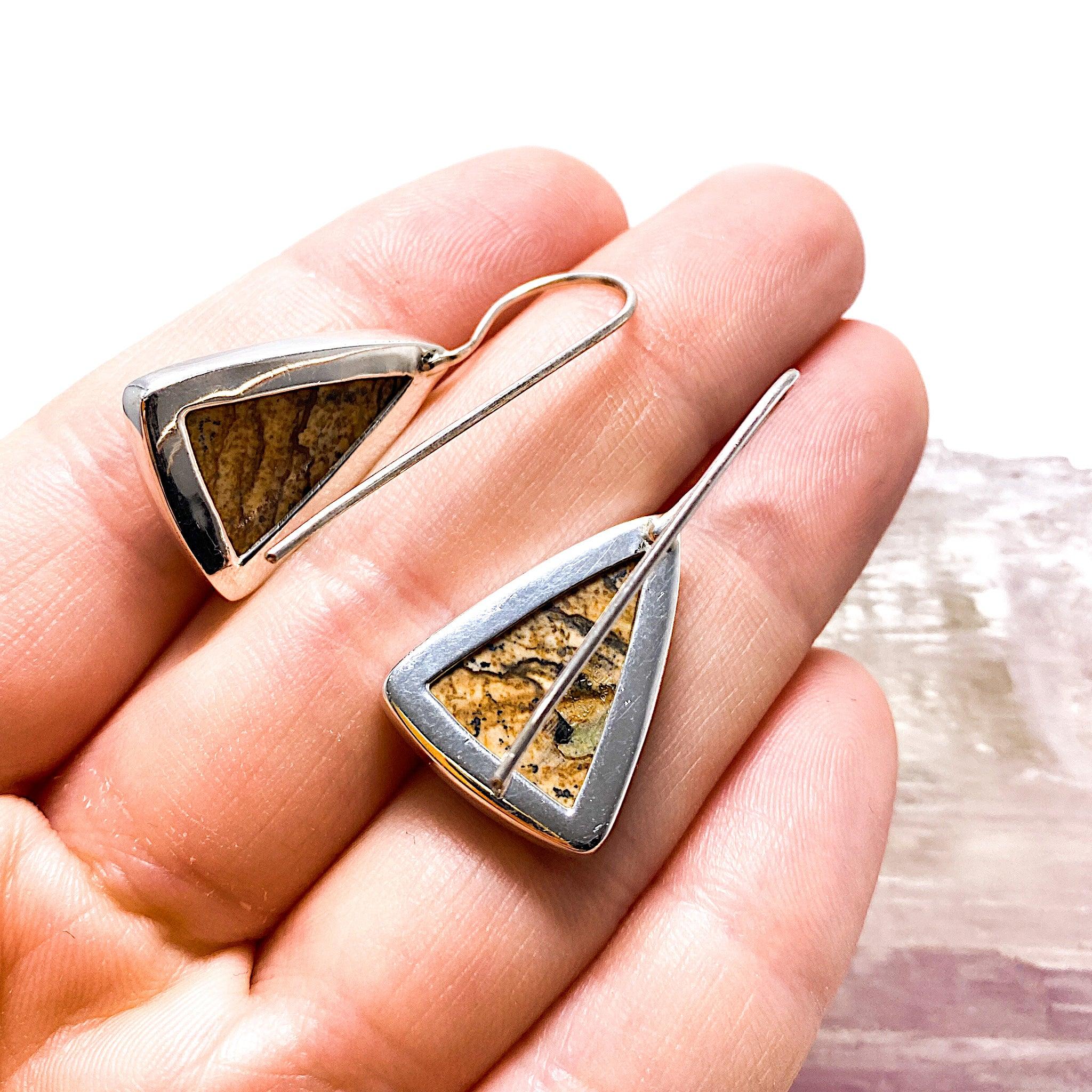 Natural Picture Jasper Triangular Cabochon Earrings for Women - Handmade Gemstone Jewelry for Boho, Hippie & Casual Outfits | KEGJ533