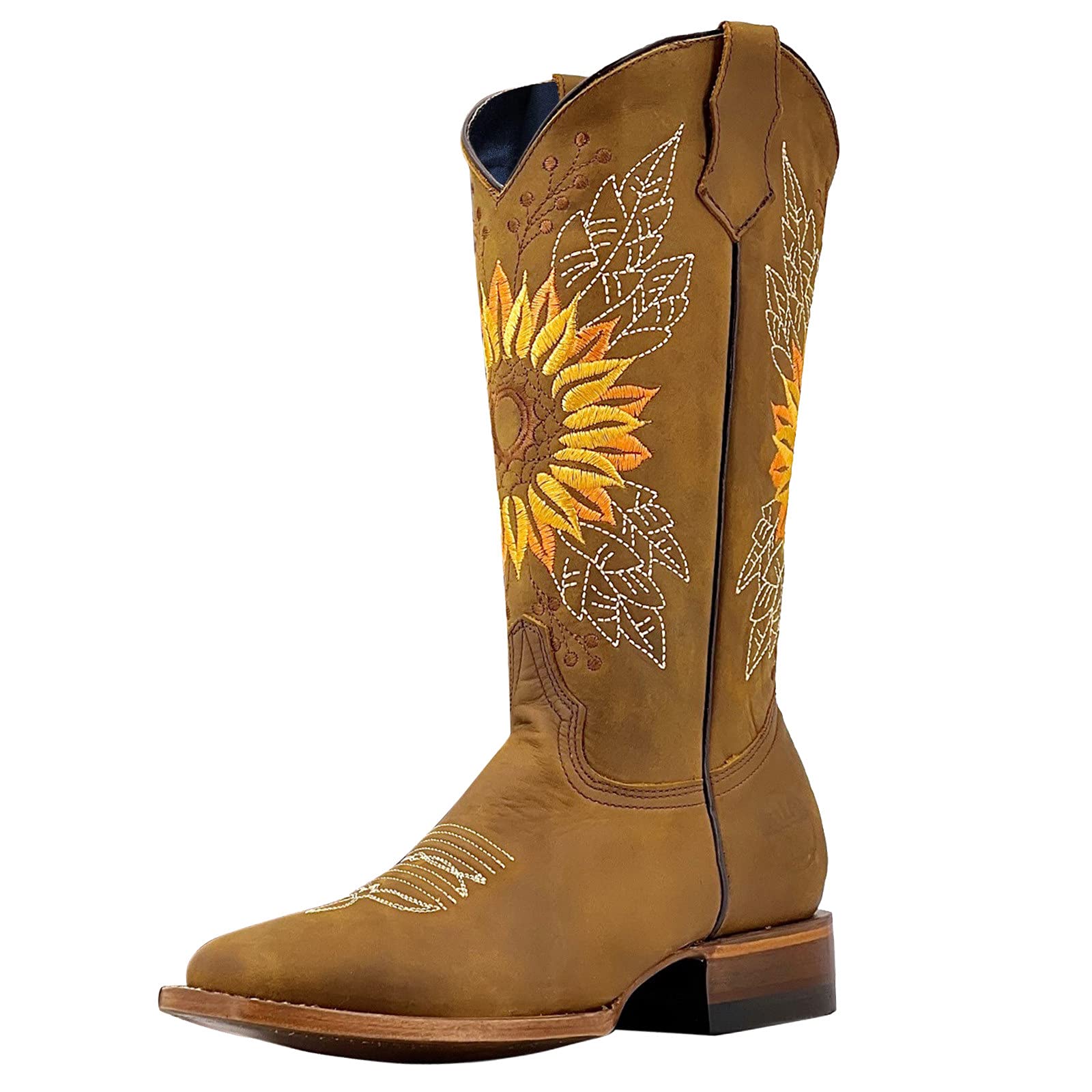 **Women's Western Cowboy Boots - Wide Calf Square Toe, Sunflower Embroidered Vintage Boho Cowgirl Boots, Chunky Block Heel Slip-On Riding Boots for Fall & Winter - Perfect for Parties, Dressy Outfits & Country Events**