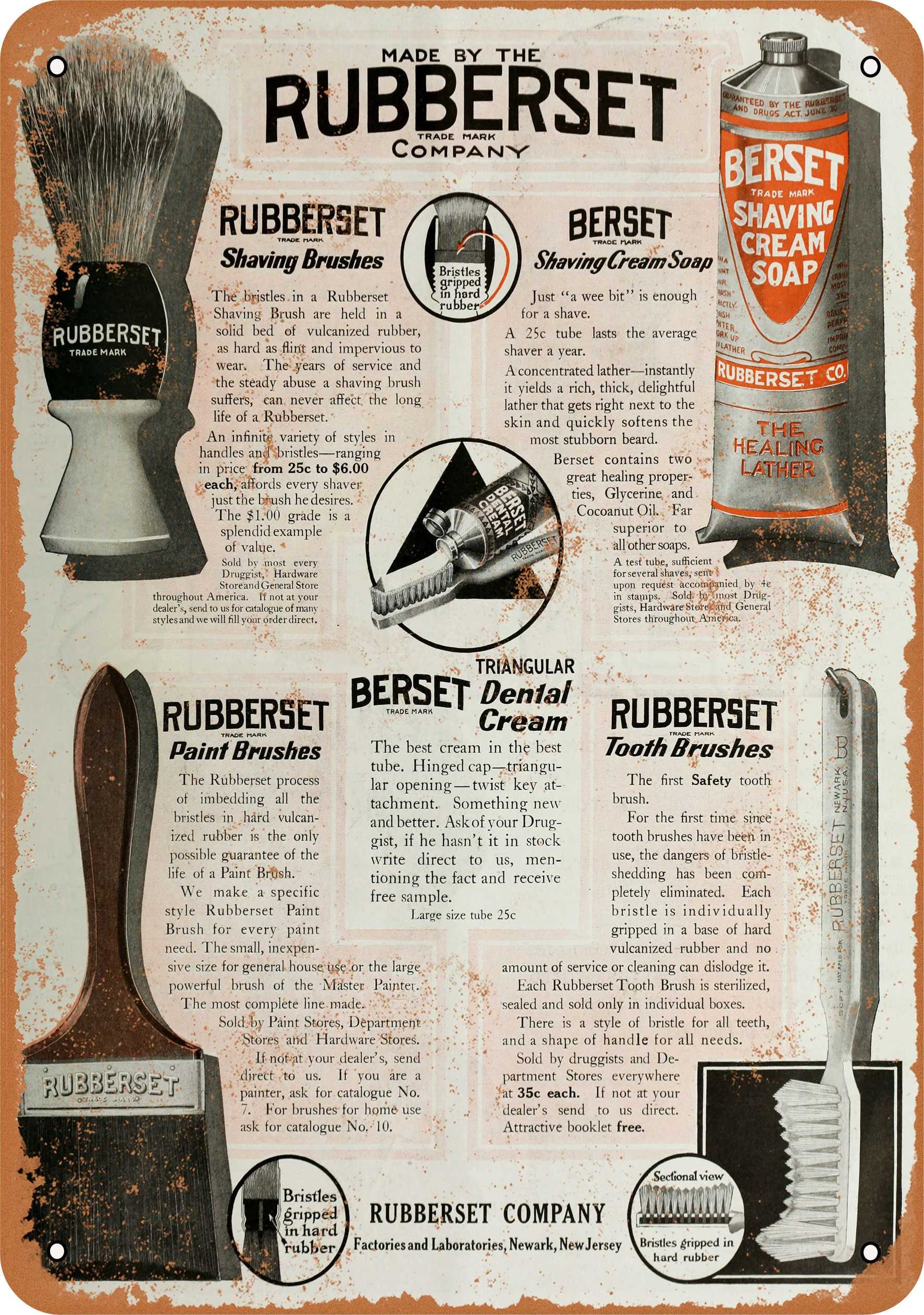 7 x 10 Inch Vintage Style Metal Sign - 1910 Rubberset Brushes Retro Wall Decor - Perfect for Bar, Man Cave, or Barber Shop Décor