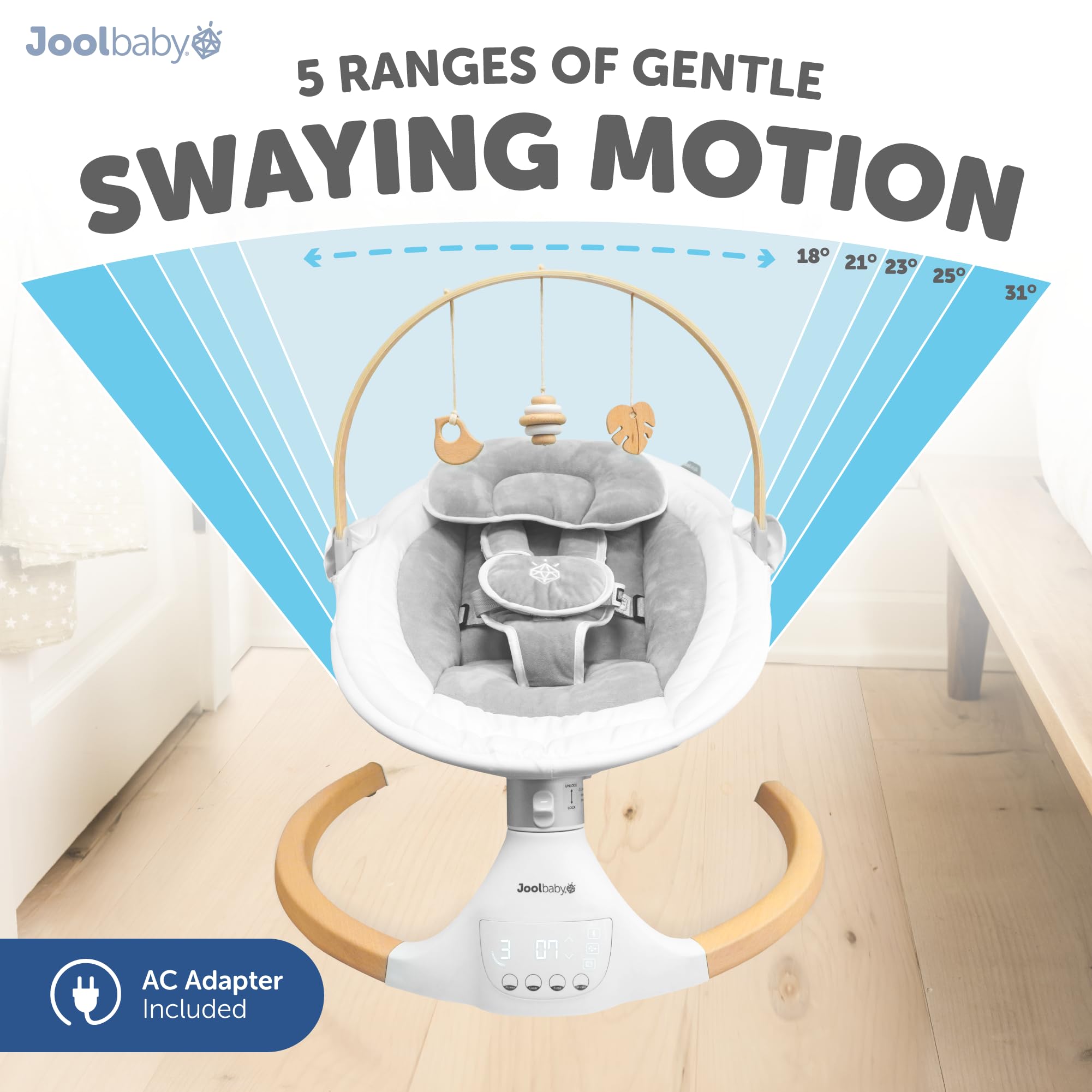 Jool Baby Nova Nature Baby Swing for Newborns - Electric Motorized Infant Swing with Bluetooth Music & Natural Wood Toys | Perfect for Nursery, Playroom & Soothing Fussy Babies