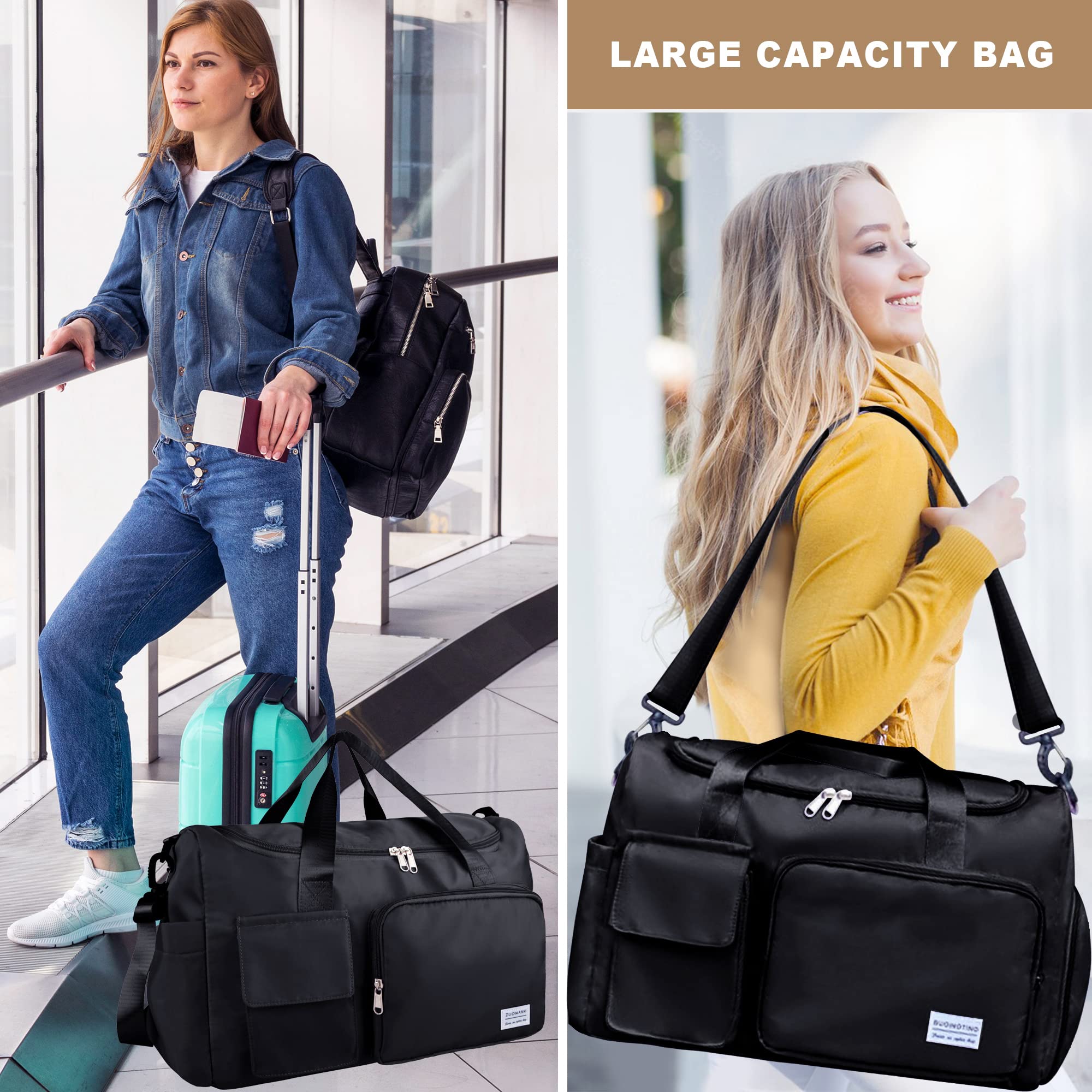Waterproof Travel Duffel Bag for Women & Men - Large Weekender Overnight Bag with Shoe Compartment, Clear Cosmetic Bag & Shoe Bag (3-Piece Set, Black) - Perfect for Gym, Business Trips & Weekend Getaways