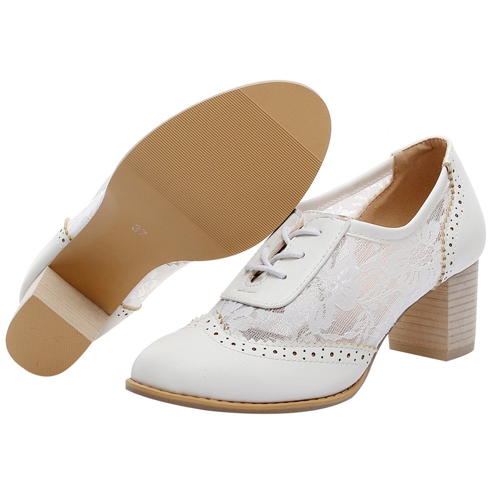 ANUFER Women's Elegant Lace Bridal Wedding Shoes - Block Heel Oxfords Dress Shoes for Bride, Prom, Party & Formal Occasions