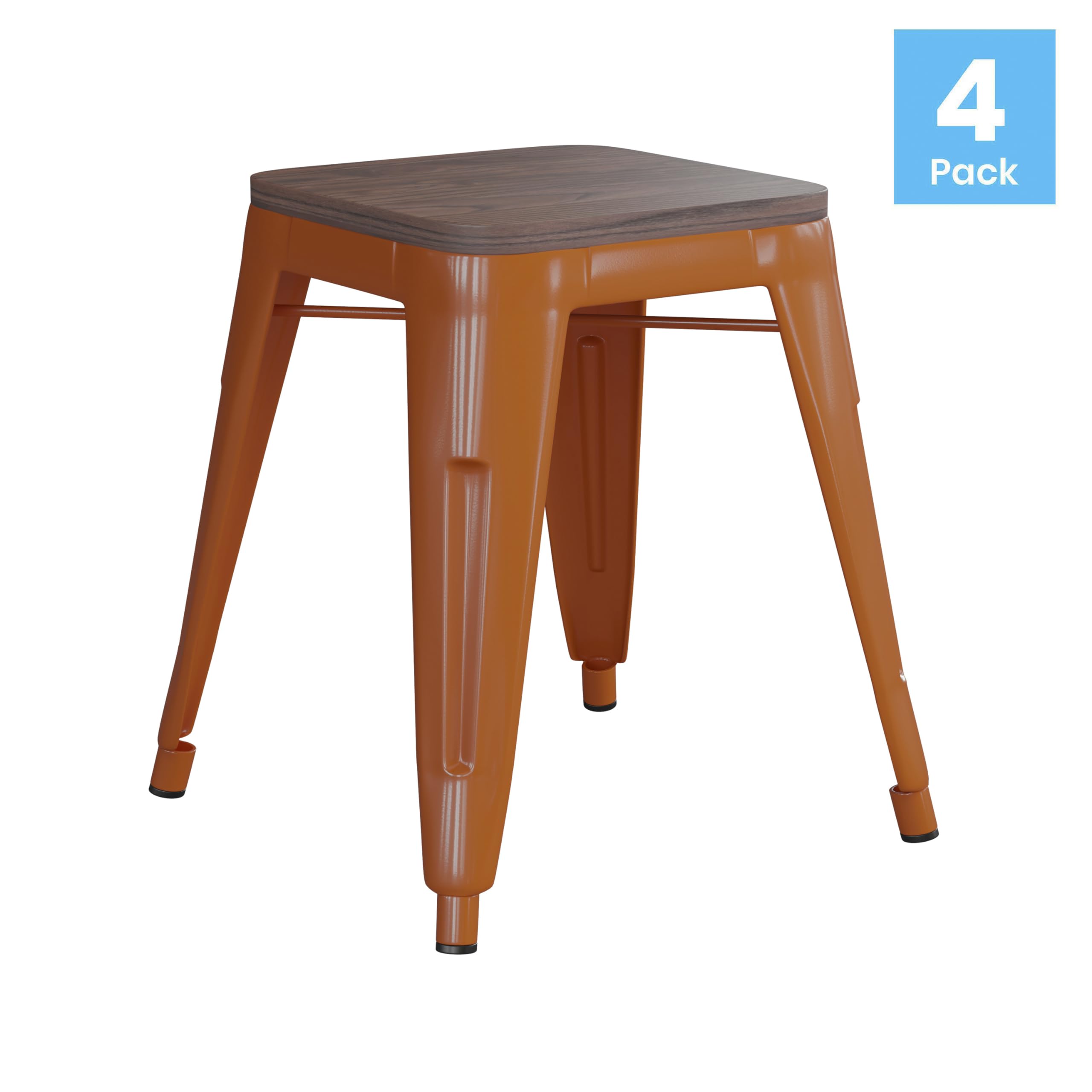 Commercial Grade Metal Dining Table Height Stool with Wooden Seat - Set of 4 Backless Orange Stackable Bar Stools 18