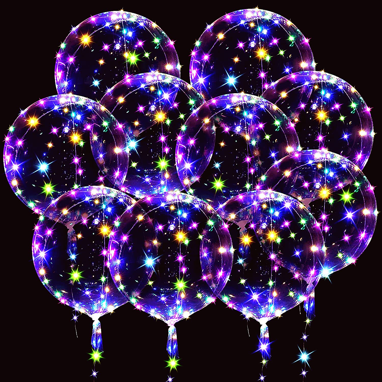 10 Pack LED Bobo Balloons - 20 Inch Light Up Helium Glow Clear Balloons for Christmas, Wedding, Birthday, Valentine's Day & Halloween Party Decorations | Indoor & Outdoor Party Supplies, Nighttime Events, Photo Backdrops, Festive Celebrations (Colorful)