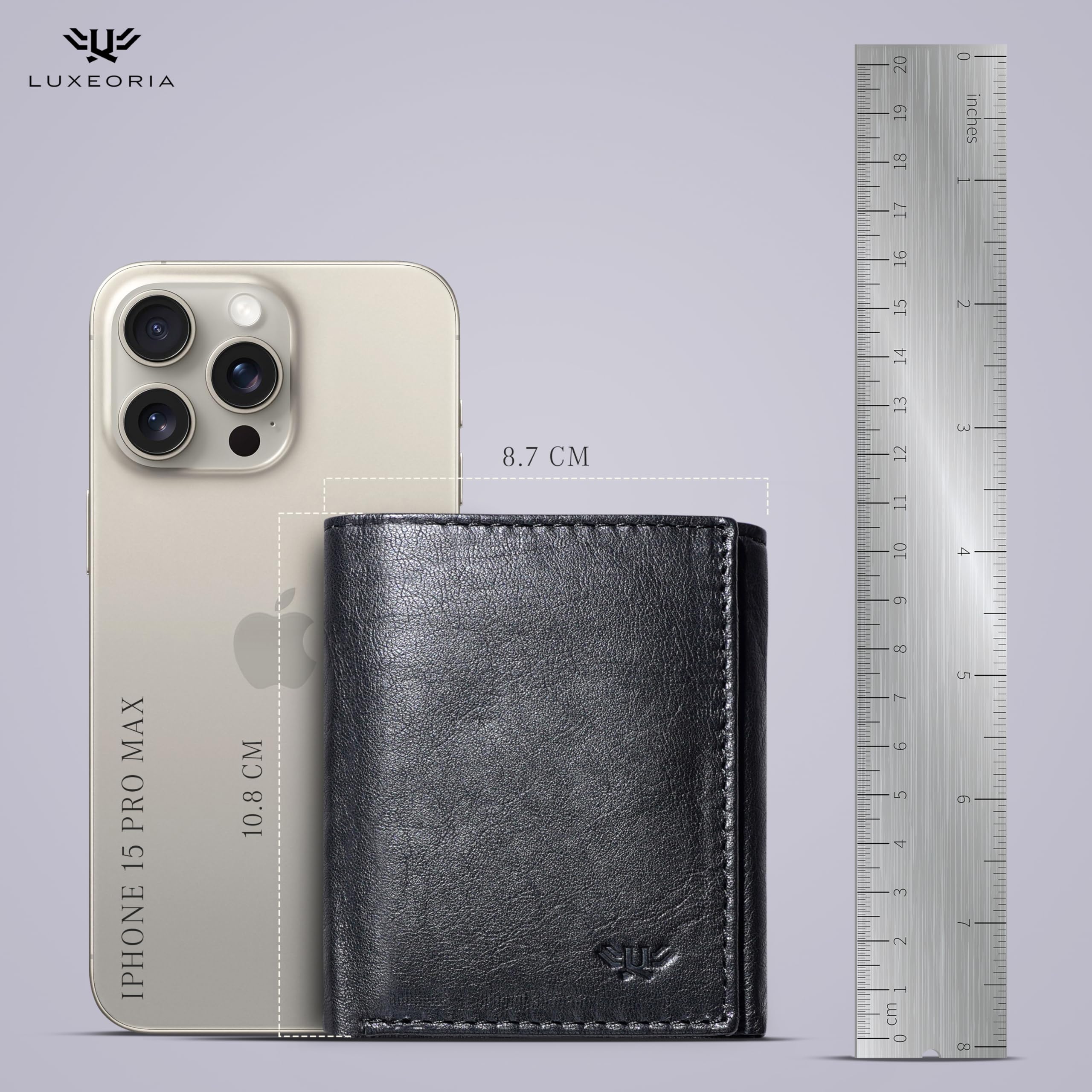 LUXEORIA Genuine Leather Wallet for Men - Handcrafted Slim RFID Blocking Trifold Travel Wallet - Minimalist Anti-Theft Design - Perfect for Everyday Use, Business Trips & Gifts - Black