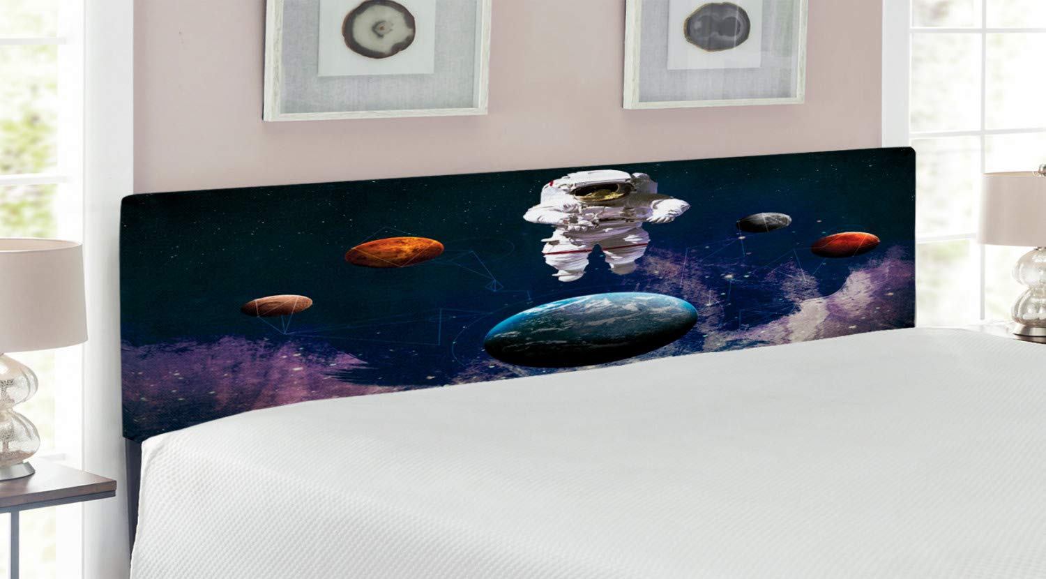 Ambesonne Outer Space Headboard - Astronaut & Planets Themed Upholstered Metal Bed Frame with Memory Foam | King Size Multicolor Decorative Headboard for Space-Themed Bedrooms & Kids Rooms