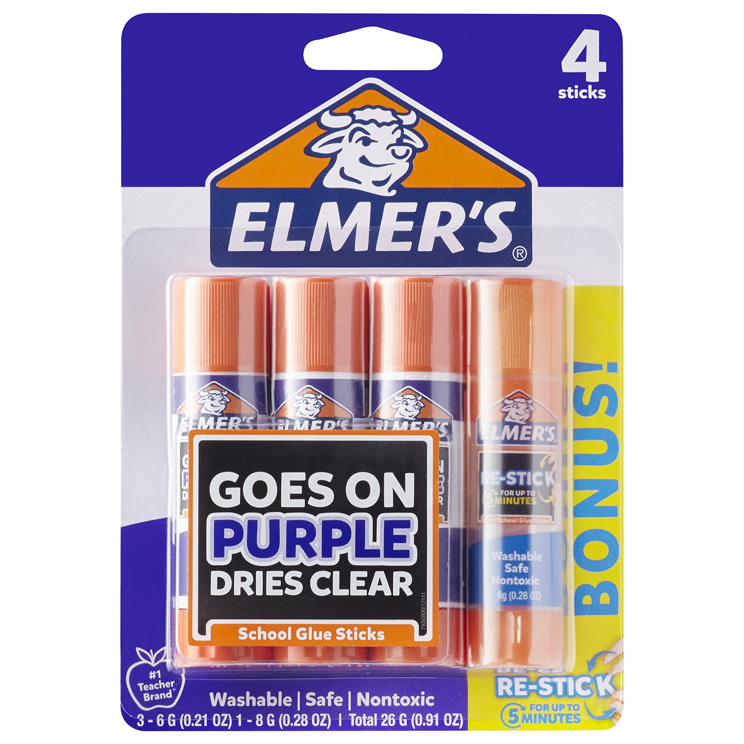 Elmer's Disappearing Purple Glue Sticks - 3 Washable School Glue Sticks + 1 Bonus Re-Stick Glue Stick - Great for Arts & Crafts, School Projects, Scrapbooking and DIY Home Decor