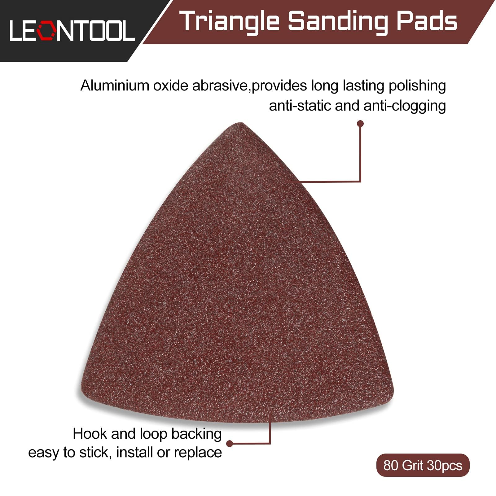 30 Pcs 3-1/8 Inch (80mm) Triangular Hook & Loop Sanding Pads for Oscillating Multitools - 80 Grit No Hole Sandpaper for Wood, Metal Polishing & Detail Sanding - Perfect for DIY Projects, Furniture Refinishing & Automotive Repair