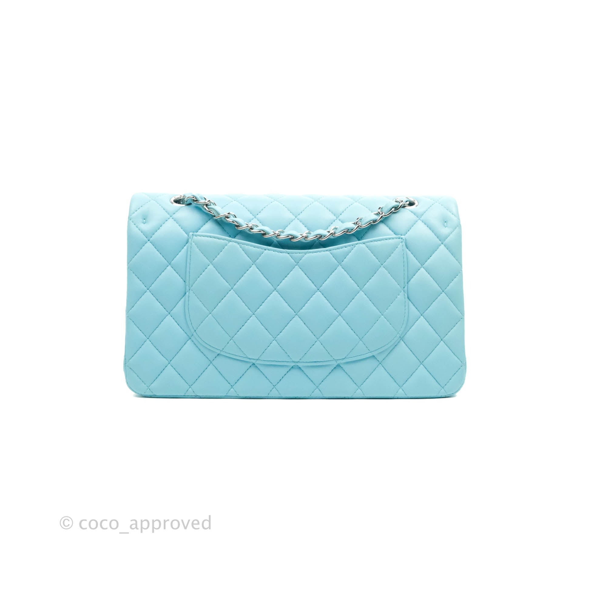 Chanel Classic Medium Double Flap Bag in Tiffany Neon Blue Lambskin with Silver Hardware 21S Collection - Perfect for Evening Events & Luxury Fashion Accessories