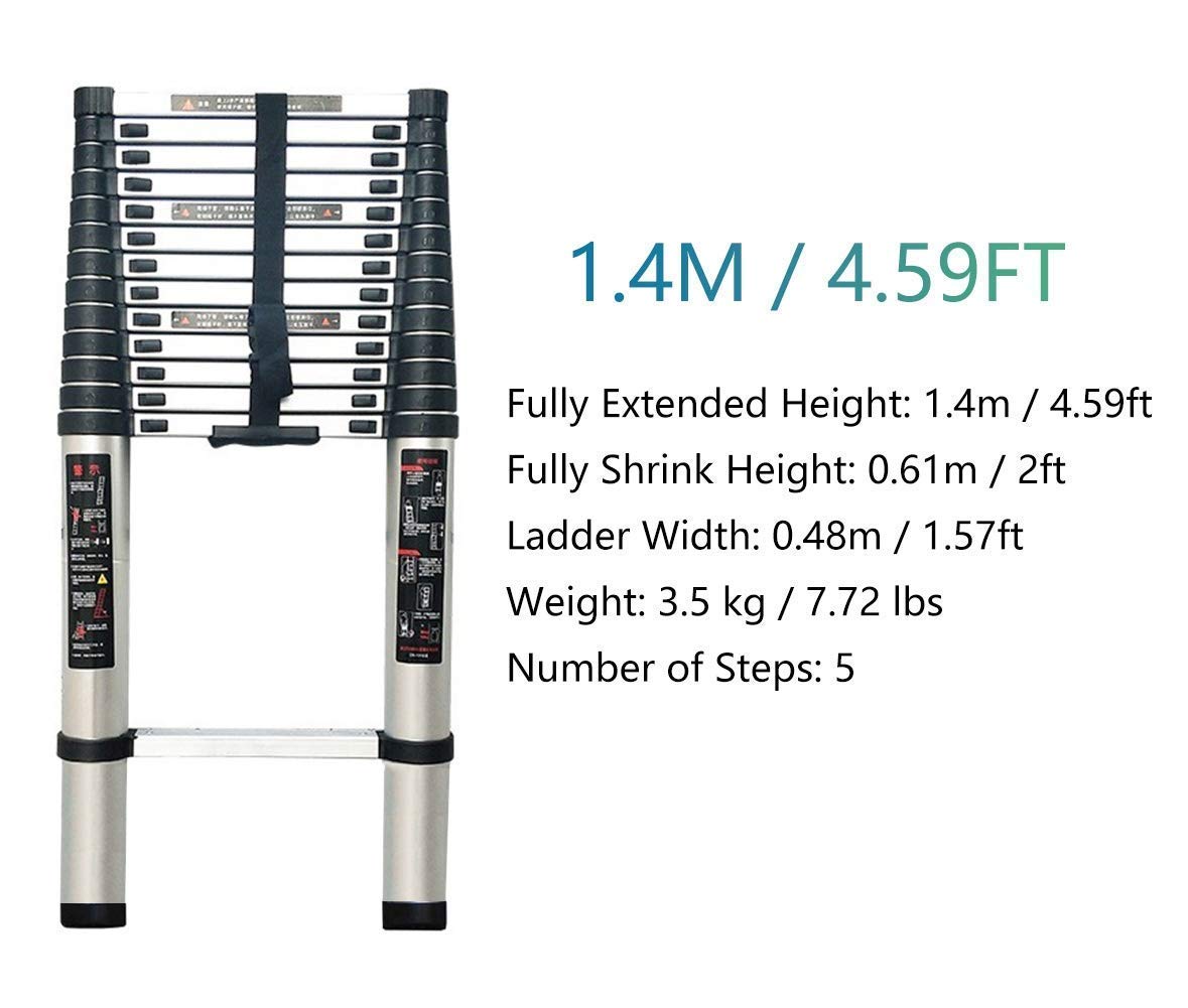 Aluminum Telescopic Ladder with Spring-Loaded Locking Mechanism - 330Lbs Capacity, 1.4M/4.5FT Extension - Multi-Position Household & Emergency Ladder for Home Repairs, Roof Access & Fire Escape