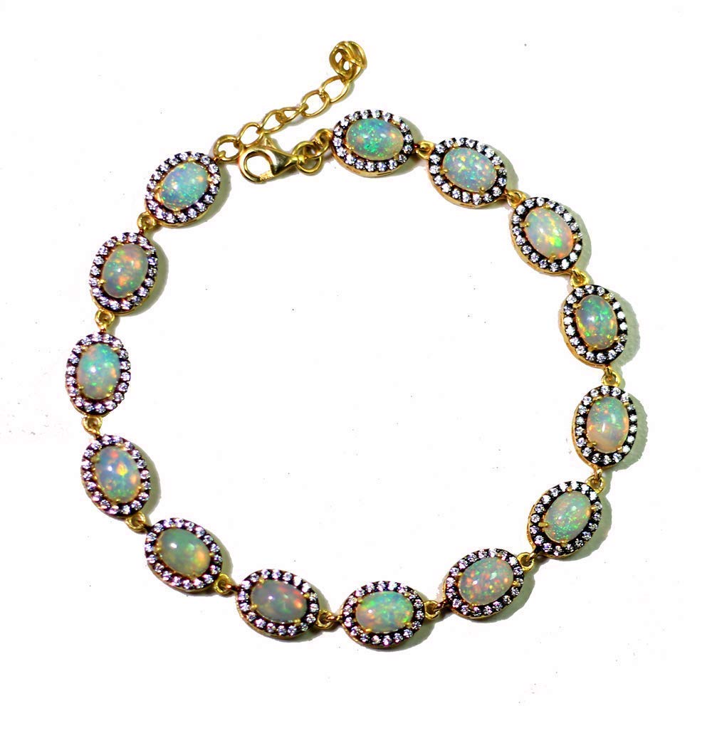 925 Sterling Silver Ethiopian Opal Bracelet with White CZ & Yellow Gold Plating | Elegant Jewelry for Women, Perfect for Parties, Weddings & Special Occasions